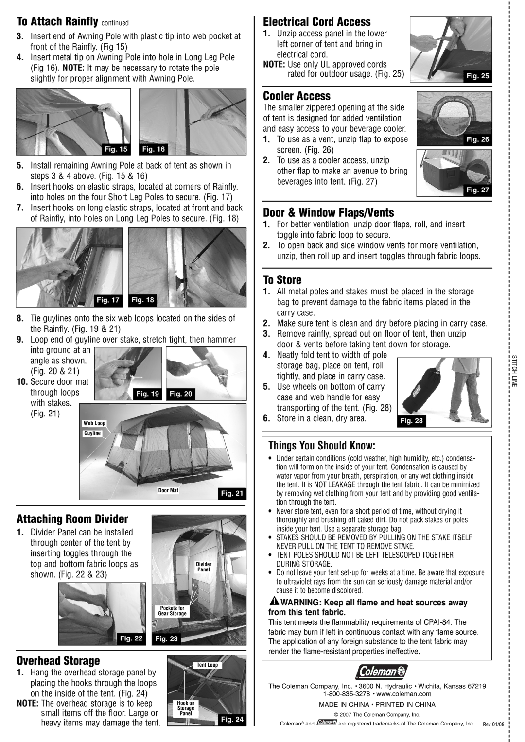 Coleman 2000000583 manual Attaching Room Divider, Overhead Storage, Electrical Cord Access, Cooler Access, To Store 