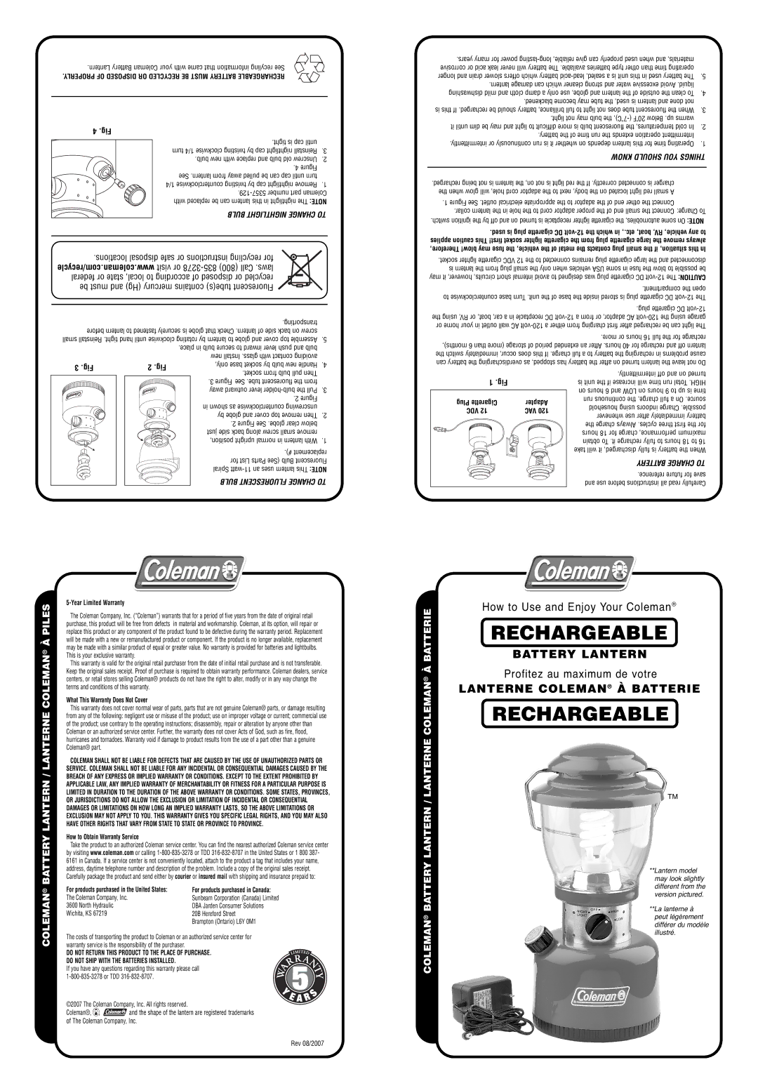 Coleman 2000000850 warranty Bulb Fluorescent Change to, Battery Charge to, Plug Cigarette Adapter VDC VAC 