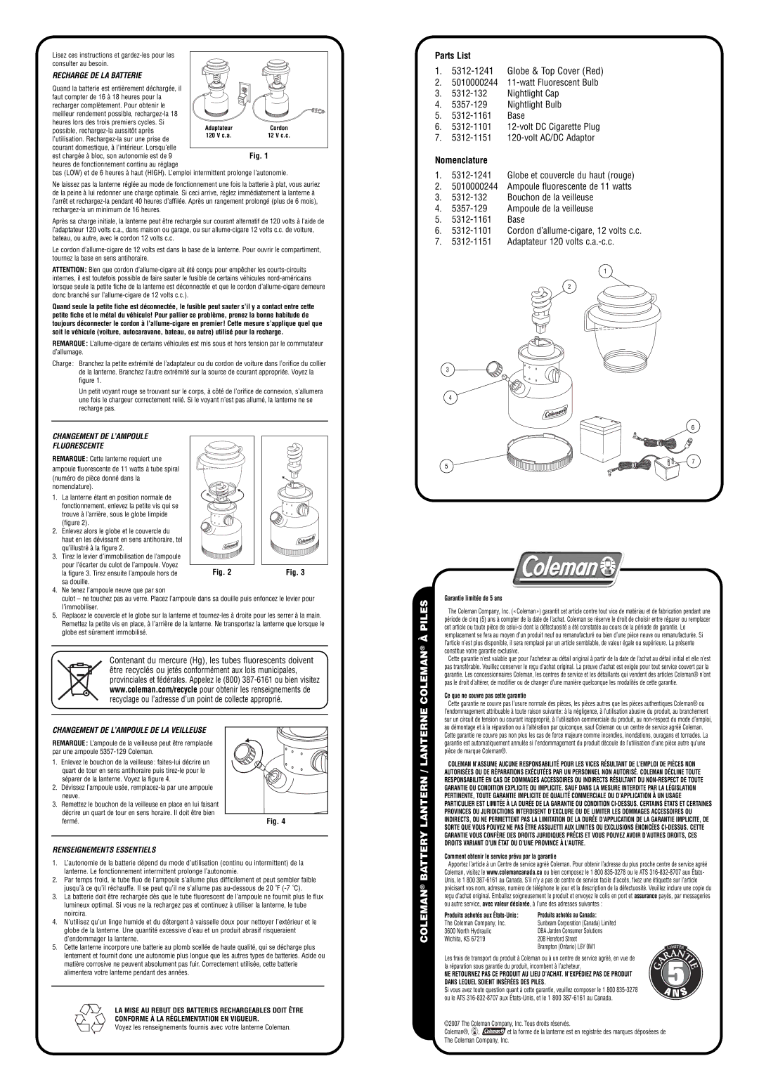 Coleman 2000000850 Recharge DE LA Batterie, Changement DE L’AMPOULE Fluorescente, Changement DE L’AMPOULE DE LA Veilleuse 