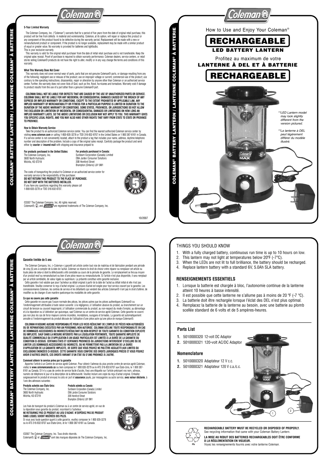 Coleman 2000000940 warranty Year Limited Warranty, What This Warranty Does Not Cover, How to Obtain Warranty Service 