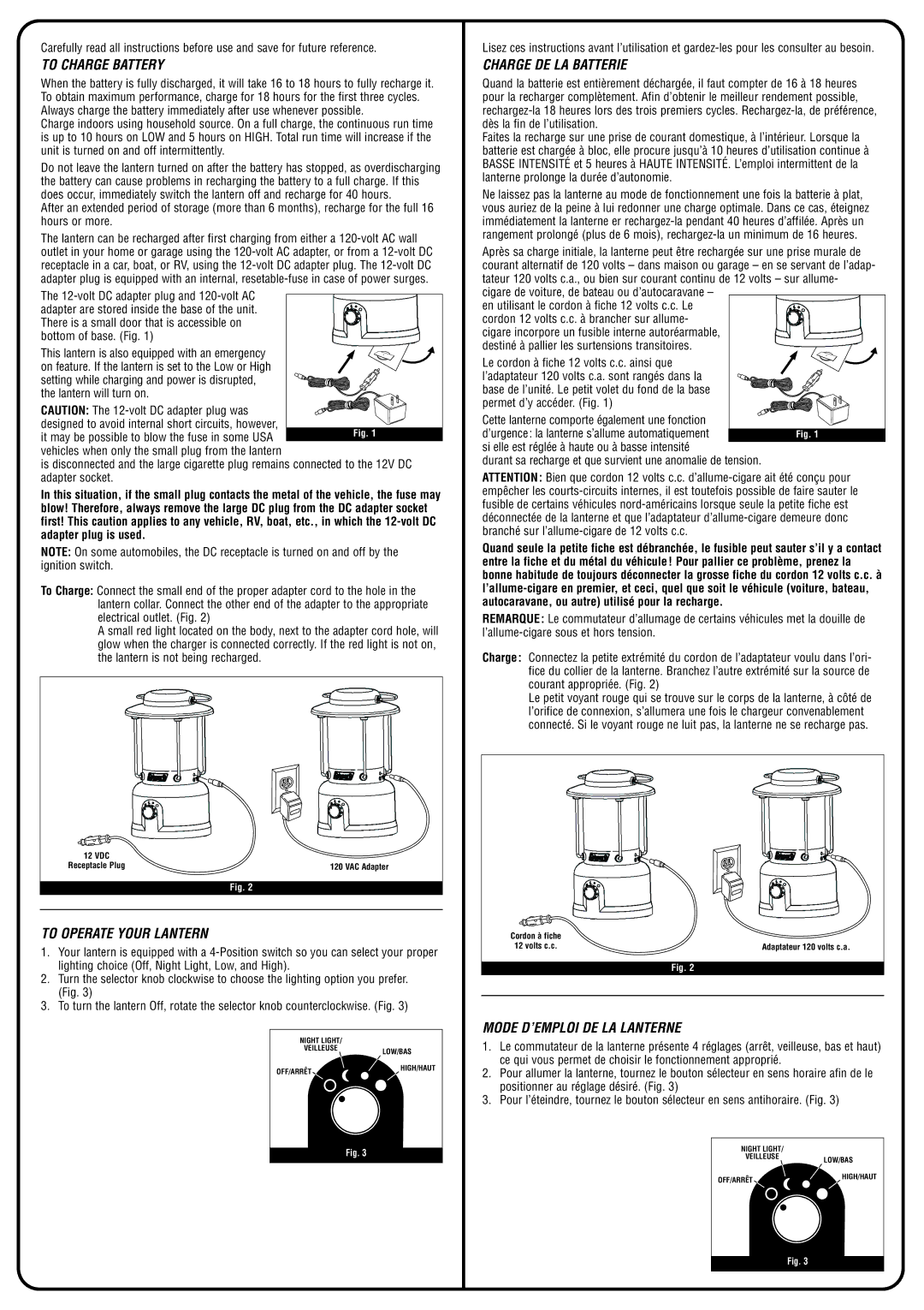 Coleman 2000000940 warranty To Charge Battery, To Operate Your Lantern, Charge DE LA Batterie, Mode D’EMPLOI DE LA Lanterne 