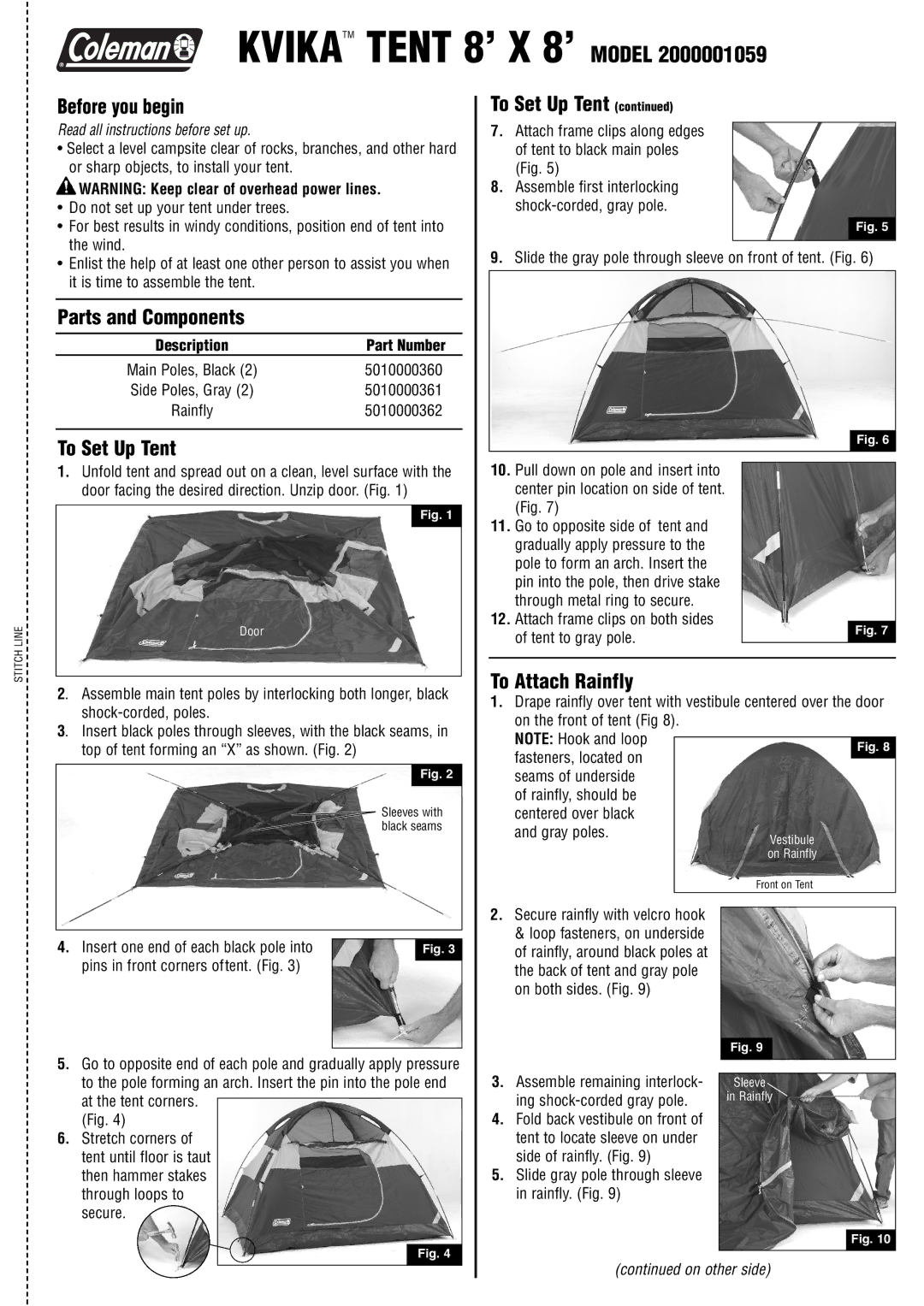 Coleman 2000001059 manual Before you begin, Parts and Components, To Set Up Tent, To Attach Rainfly 