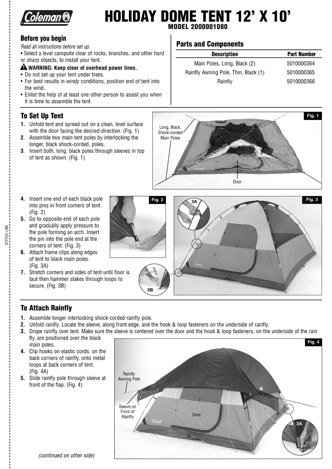 Coleman 2000001080 manual Before you begin, Parts and Components, To Set Up Tent, To Attach Rainfly 