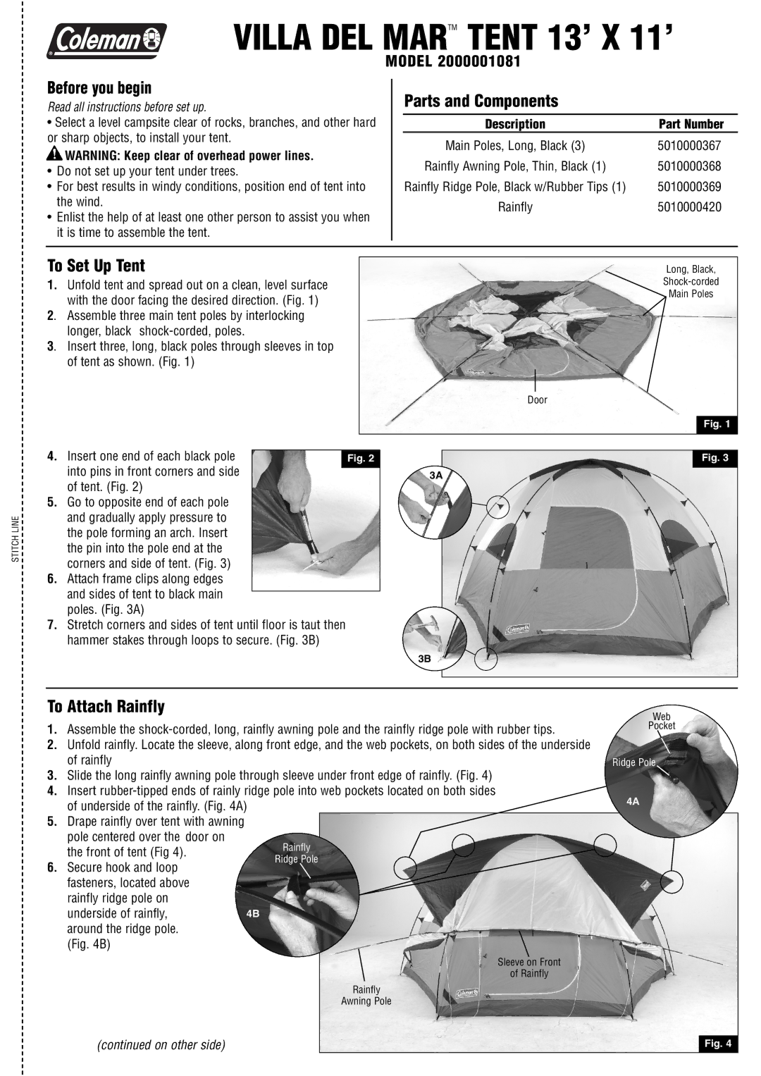 Coleman 2000001081 manual Before you begin, Parts and Components, To Set Up Tent, To Attach Rainfly 