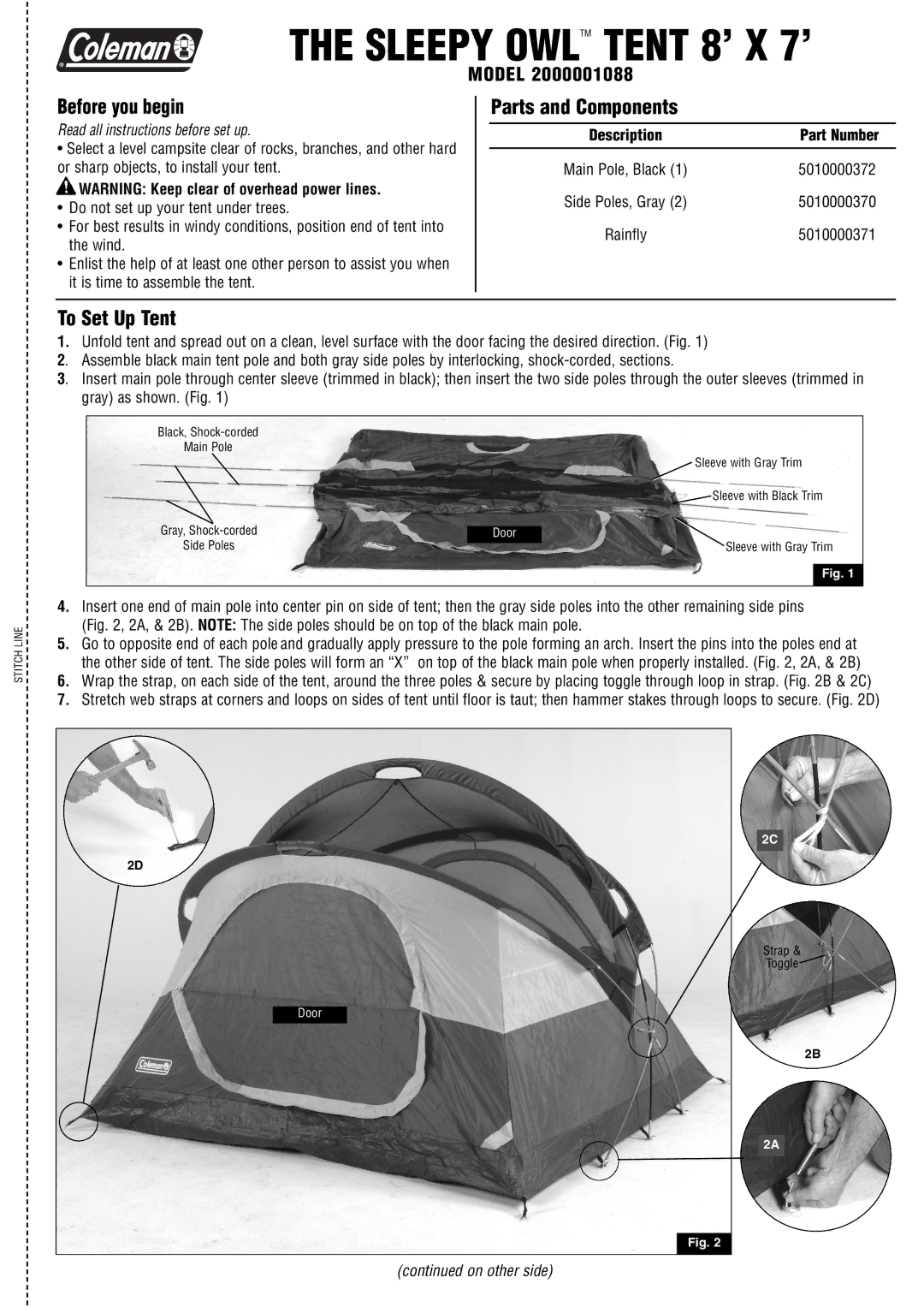 Coleman 2000001088 manual Before you begin, Parts and Components, To Set Up Tent 