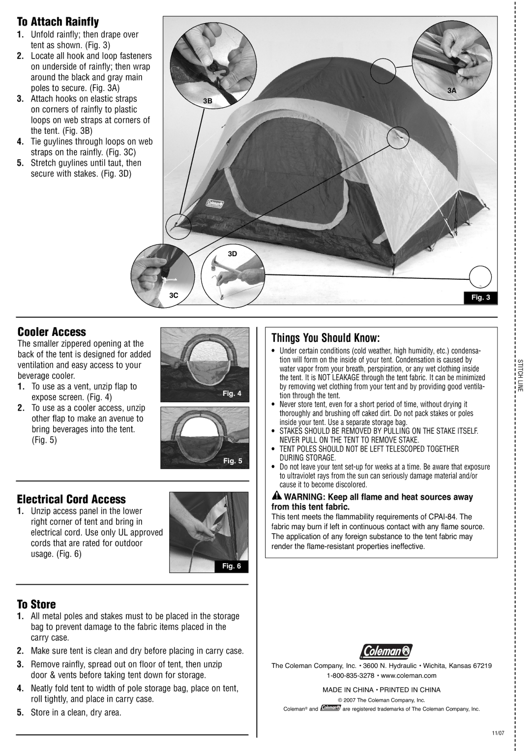 Coleman 2000001088 manual To Attach Rainfly, Cooler Access, Electrical Cord Access, To Store, Things You Should Know 