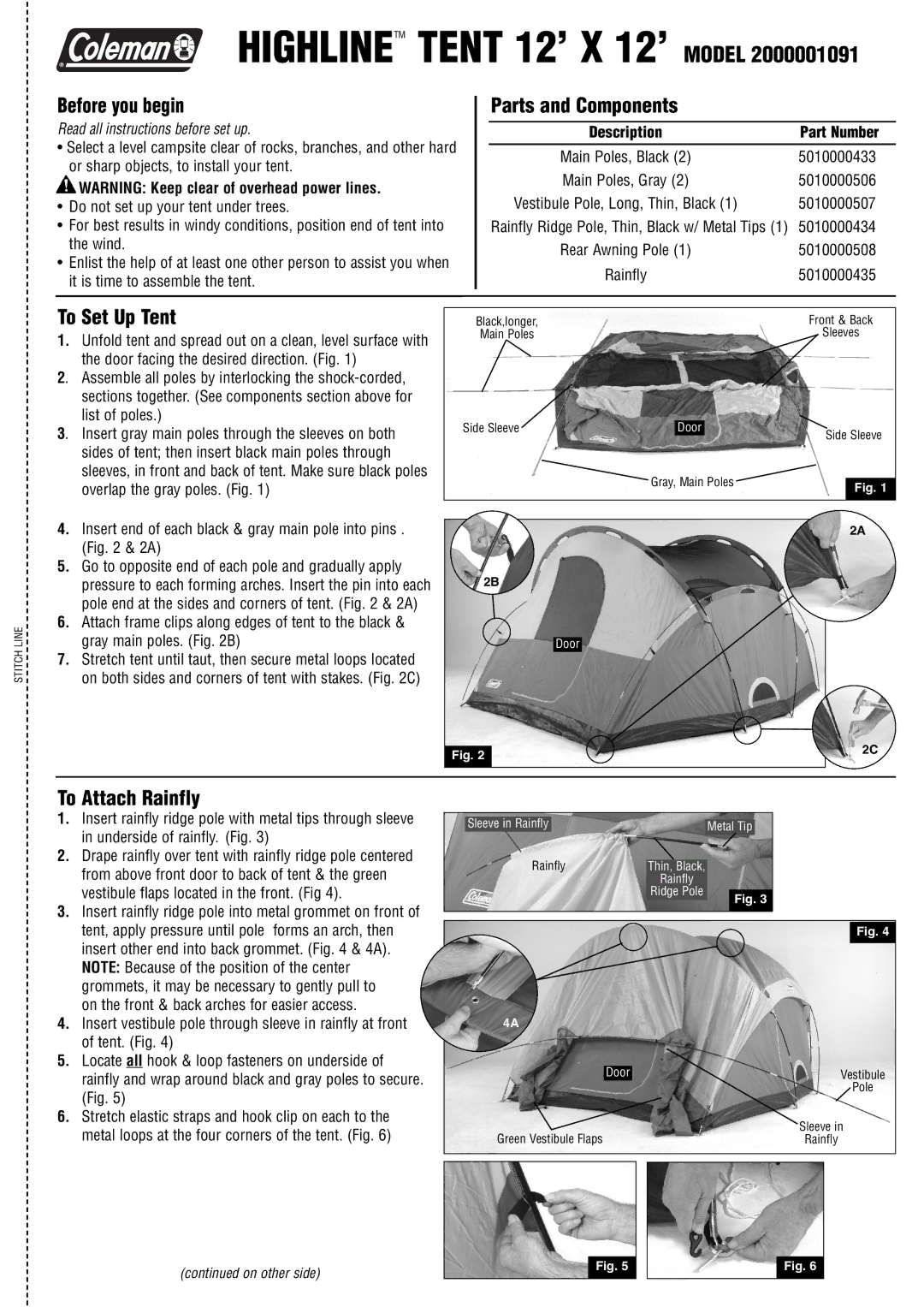 Coleman 2000001091 manual Before you begin, Parts and Components, To Set Up Tent, To Attach Rainfly 