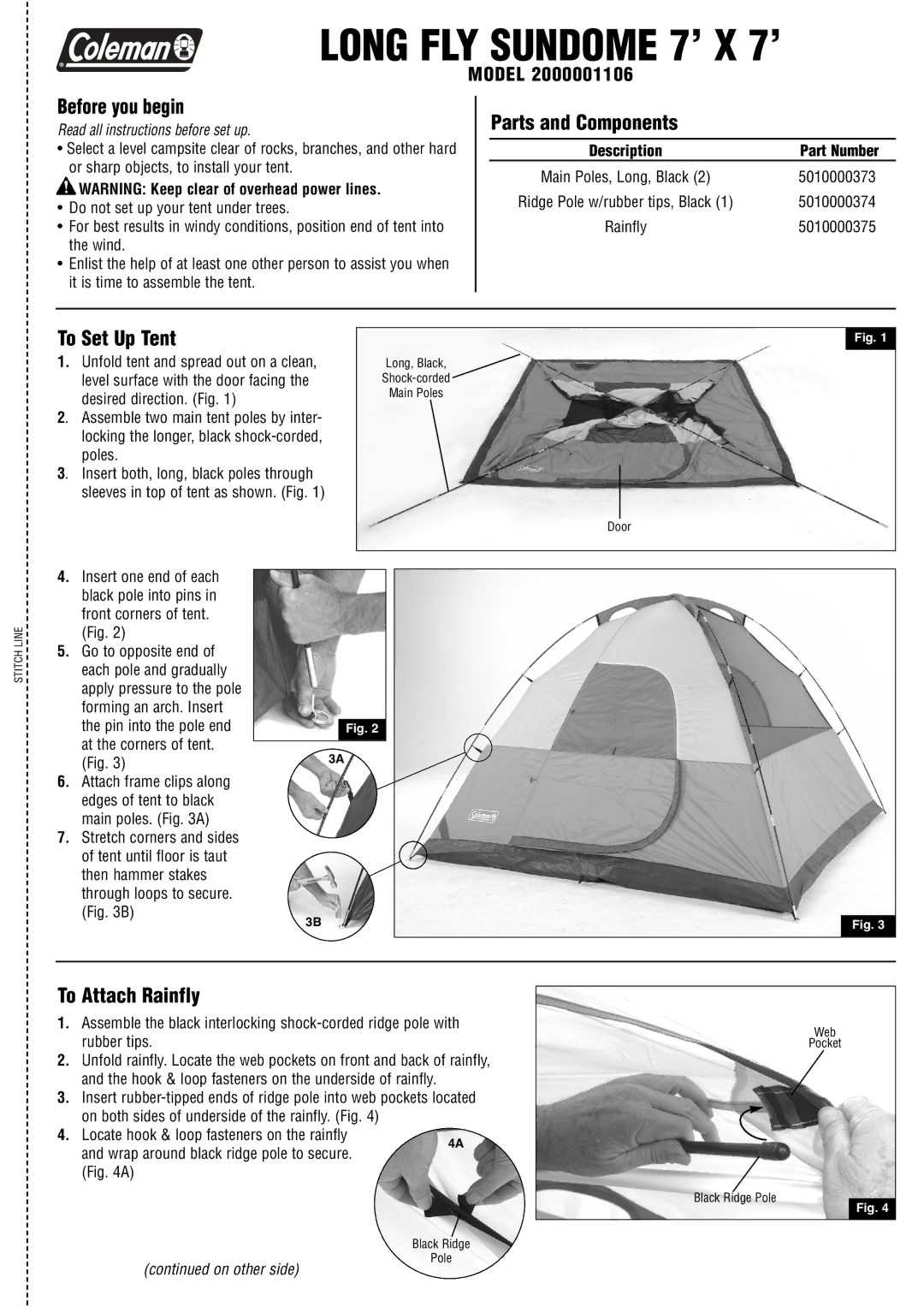 Coleman 2000001106 manual Before you begin, Parts and Components, To Set Up Tent, To Attach Rainfly 