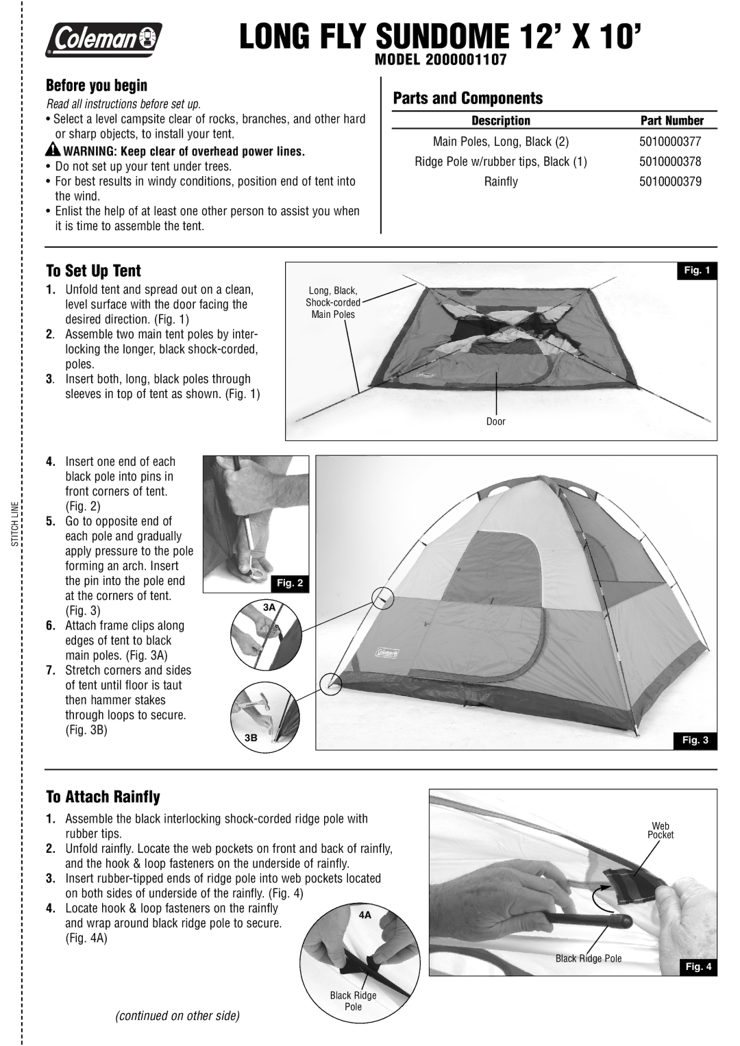 Coleman 2000001107 manual Before you begin, Parts and Components, To Set Up Tent, To Attach Rainfly 