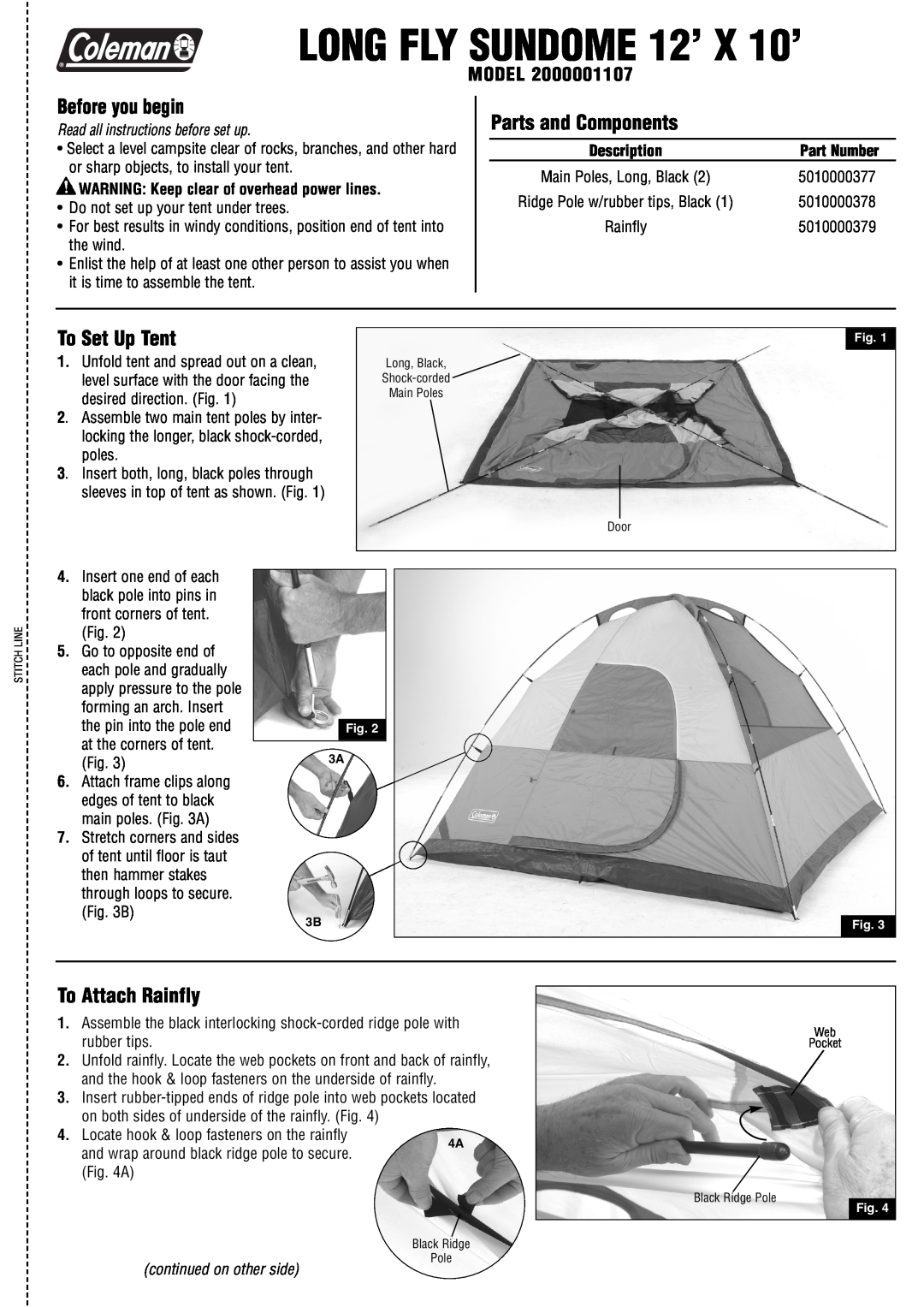 Coleman 2000001107 manual Before you begin, Parts and Components, To Set Up Tent, To Attach Rainfly, Part Number, Model 
