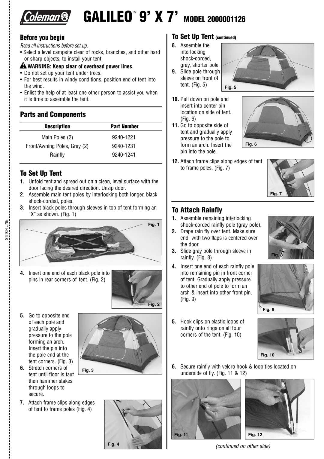 Coleman 2000001126 manual Before you begin, Parts and Components, To Set Up Tent, To Attach Rainfly 