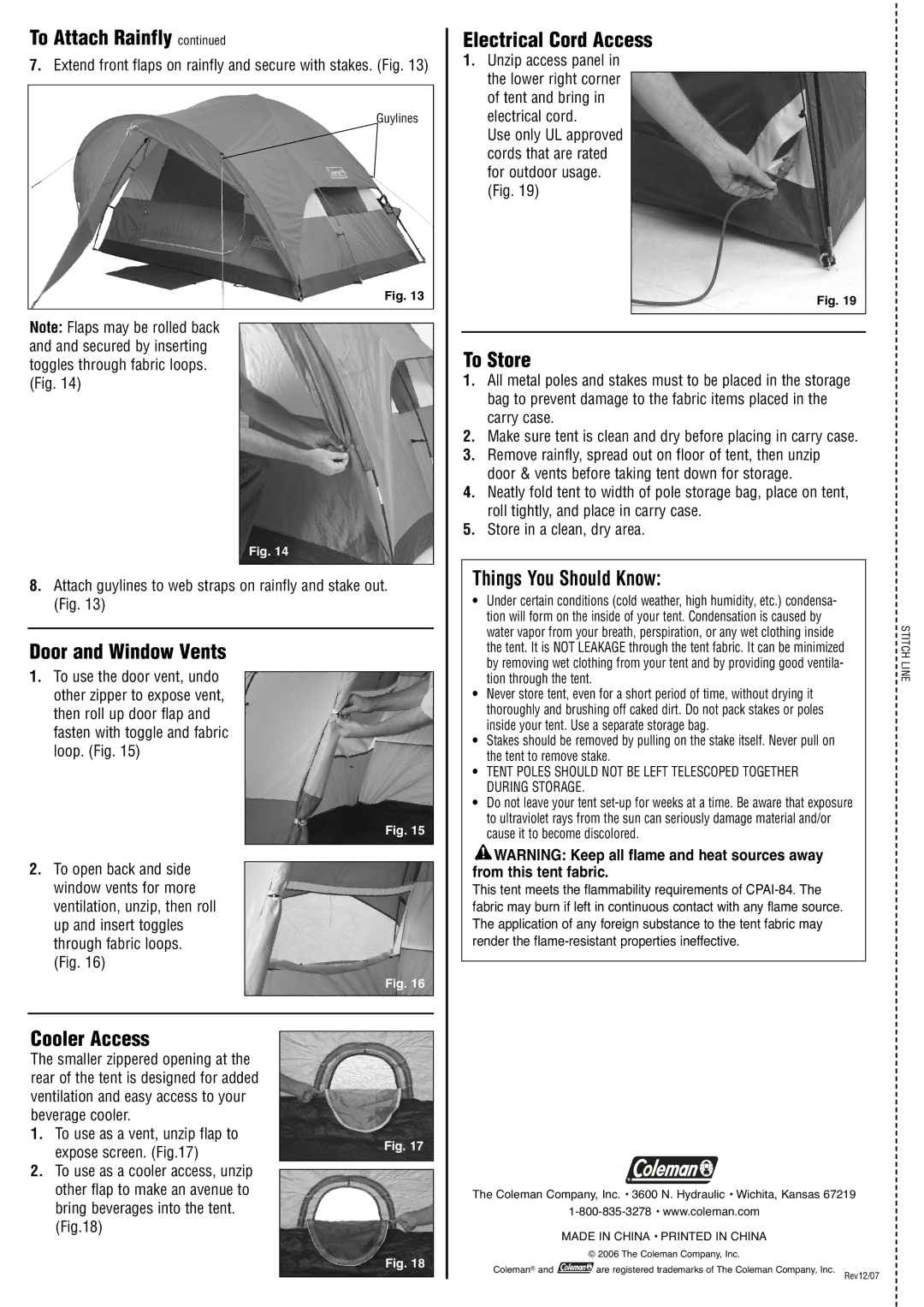 Coleman 2000001126 manual Door and Window Vents, Cooler Access, Electrical Cord Access, To Store, Things You Should Know 