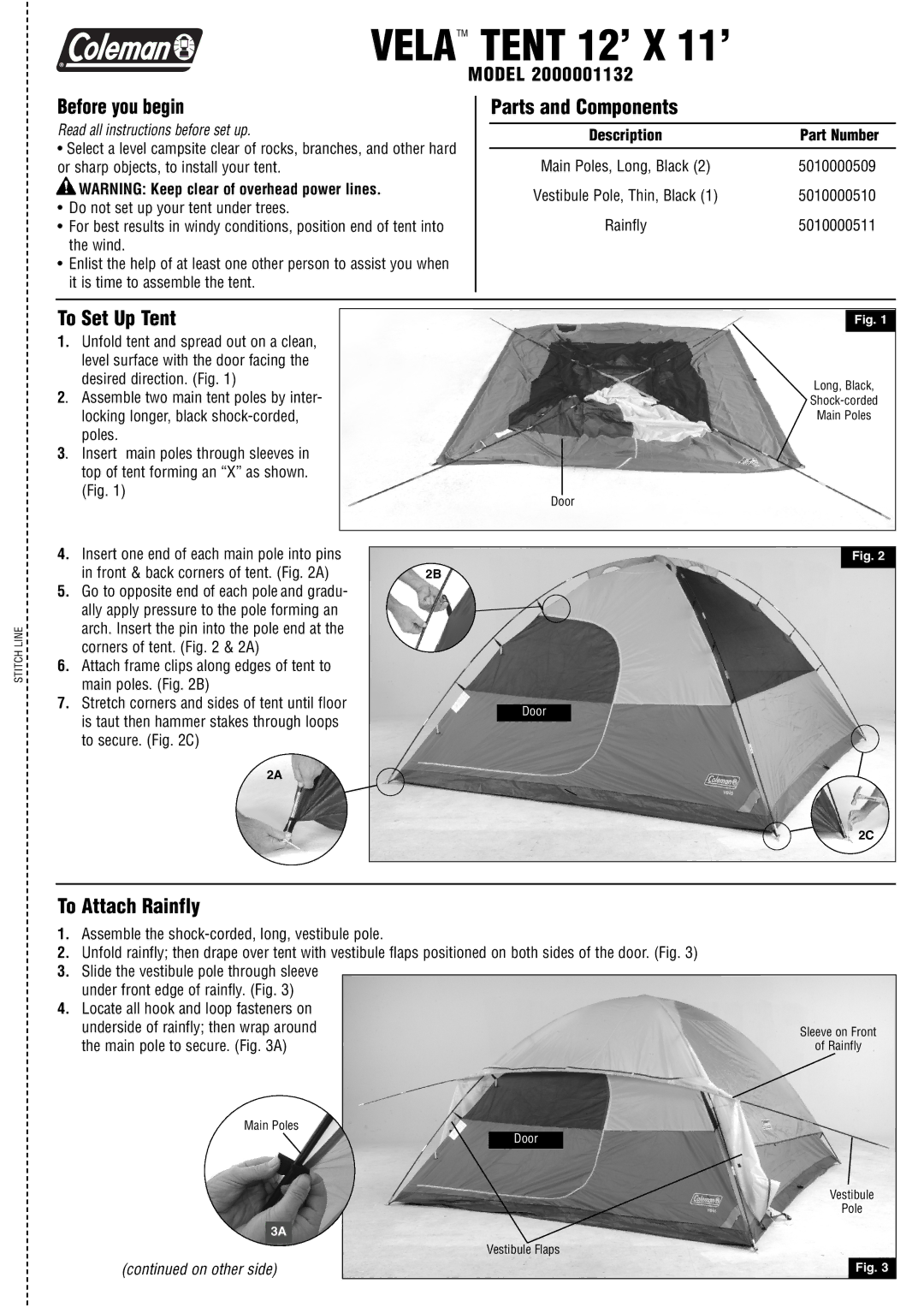 Coleman 2000001132 manual Before you begin, Parts and Components, To Set Up Tent, To Attach Rainfly 