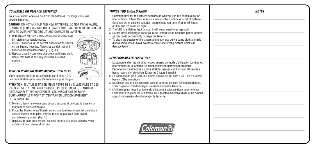 Coleman 2000001146 To Install or Replace Batteries, Things YOU should Know, Mise EN Place OU Remplacement DES Piles 