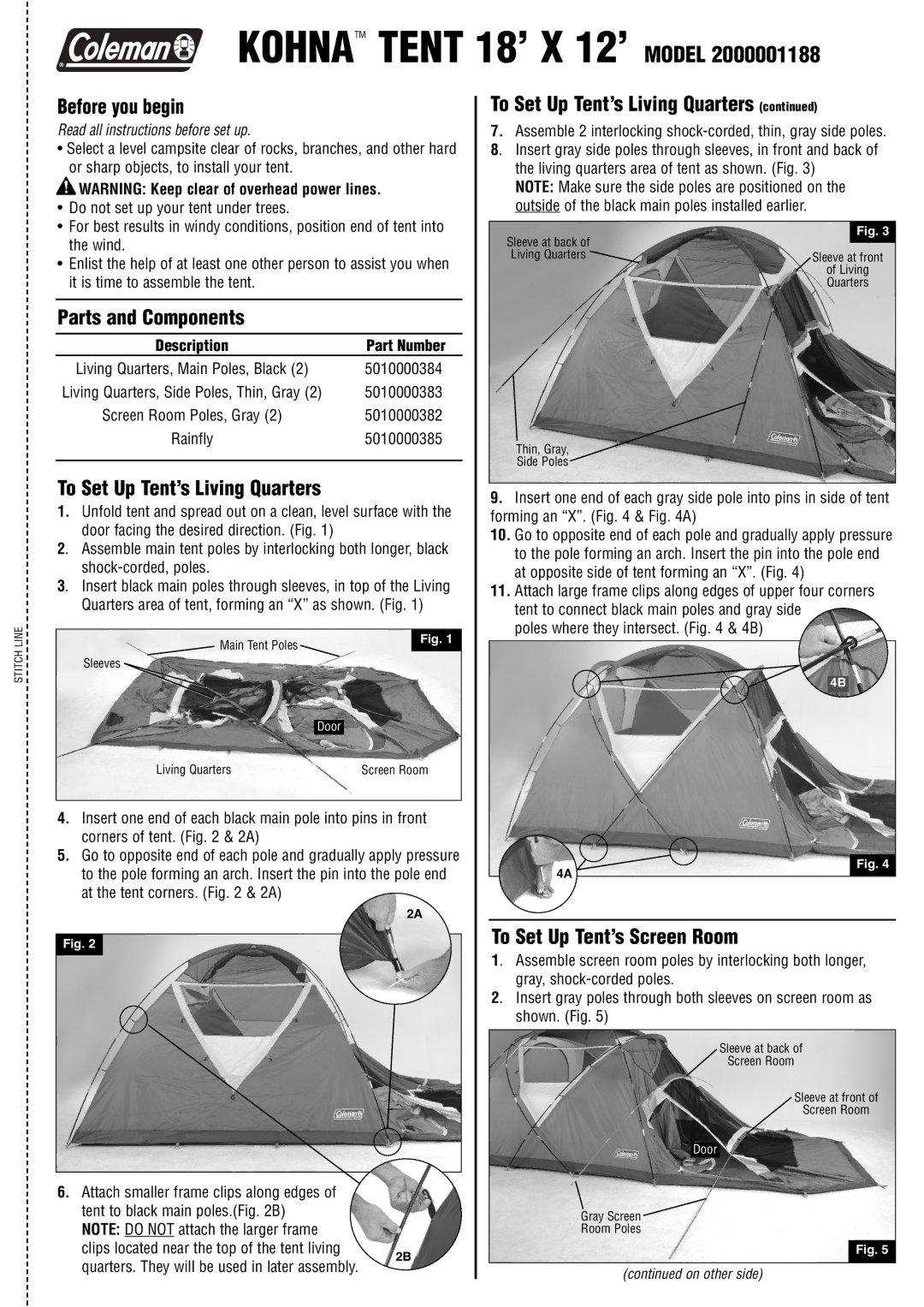 Coleman 2000001188 manual Before you begin, Parts and Components, To Set Up Tent’s Living Quarters 