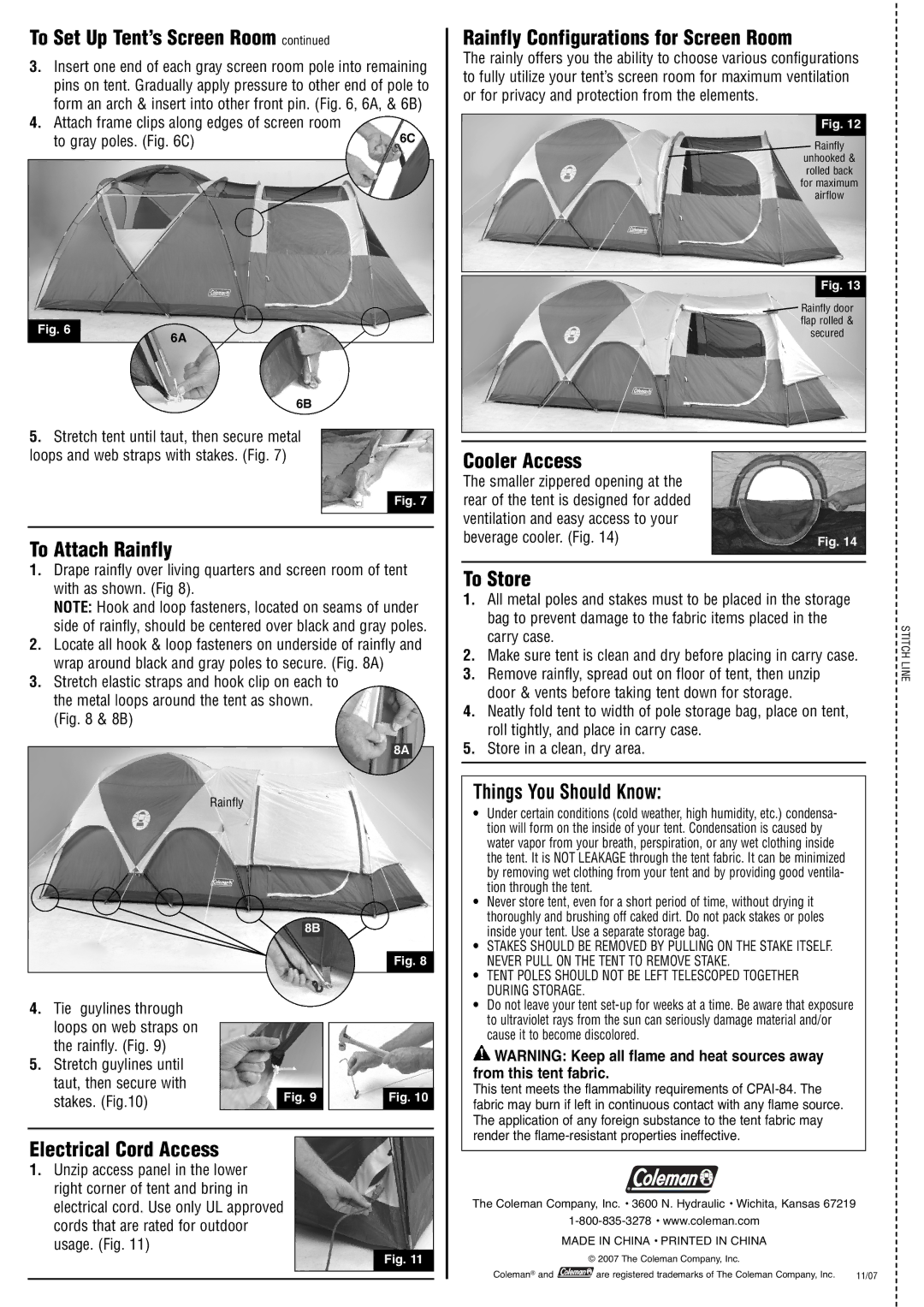 Coleman 2000001188 manual To Attach Rainfly, Electrical Cord Access, Rainfly Configurations for Screen Room, Cooler Access 