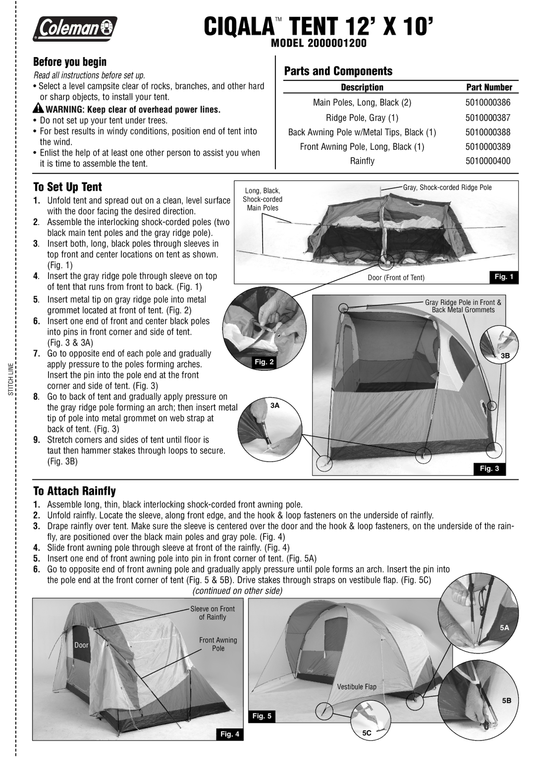 Coleman 2000001200 manual Before you begin, Parts and Components, To Set Up Tent, To Attach Rainfly 