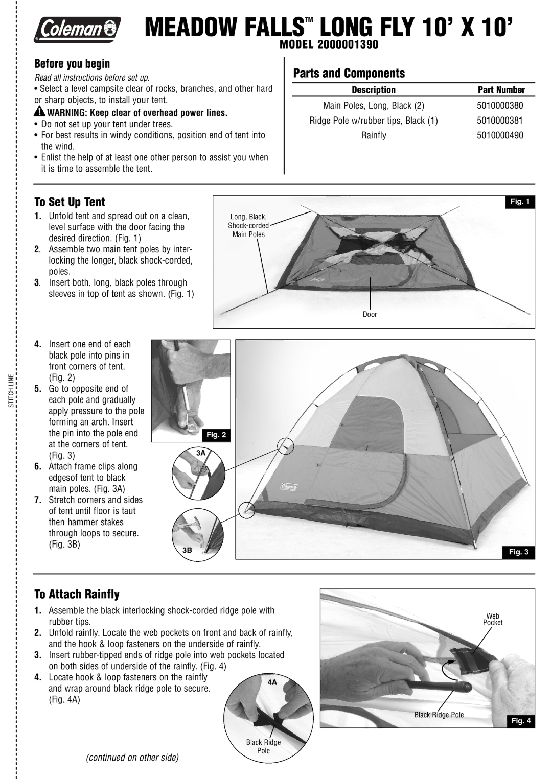 Coleman 2000001390 manual Before you begin, Parts and Components, To Set Up Tent, To Attach Rainfly 