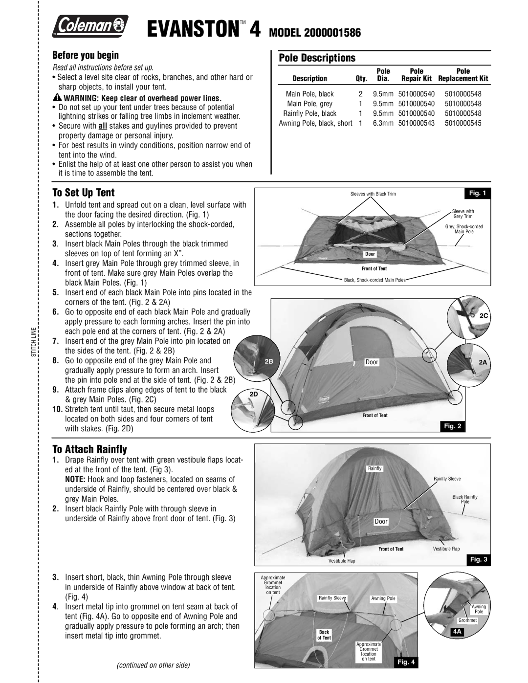 Coleman 2000001586 manual Before you begin, Pole Descriptions, To Set Up Tent, To Attach Rainfly 