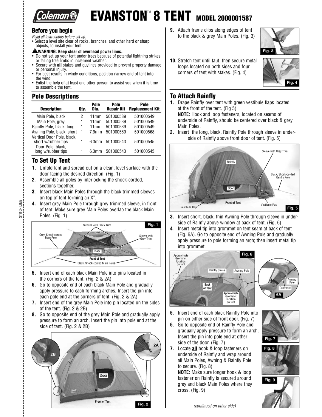 Coleman 2000001587 manual Before you begin, Pole Descriptions, To Set Up Tent, To Attach Rainfly 