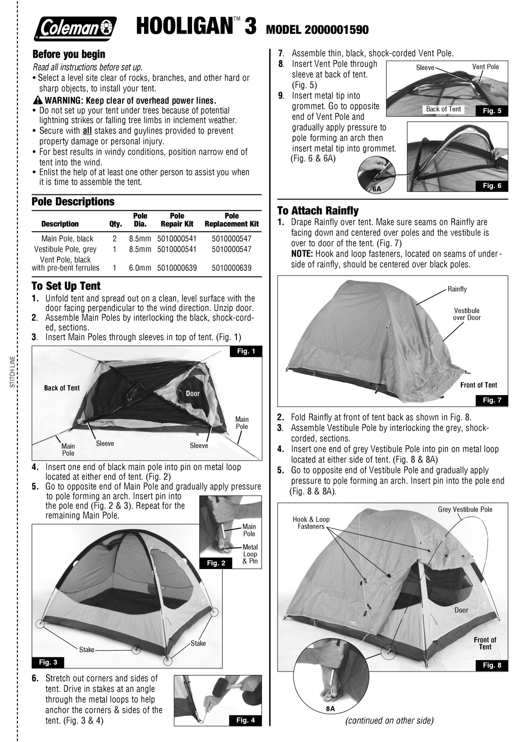 Coleman 2000001590 manual Before you begin, Pole Descriptions, To Set Up Tent, To Attach Rainfly, HOOLIGANtm 3 Model, tent 