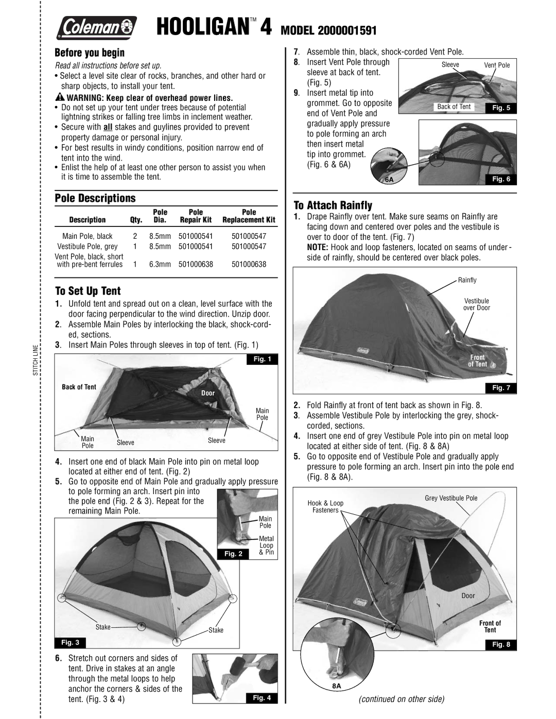 Coleman 2000001591STITCHLINE manual Before you begin, Pole Descriptions, To Set Up Tent, To Attach Rainfly 