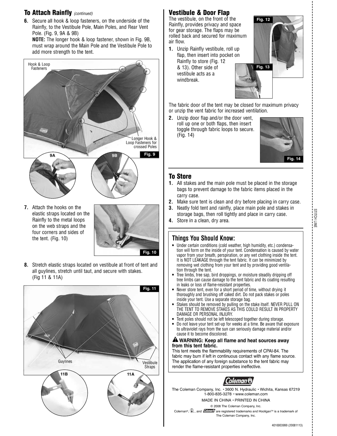 Coleman 2000001591STITCHLINE manual Vestibule & Door Flap, To Store, Things You Should Know 