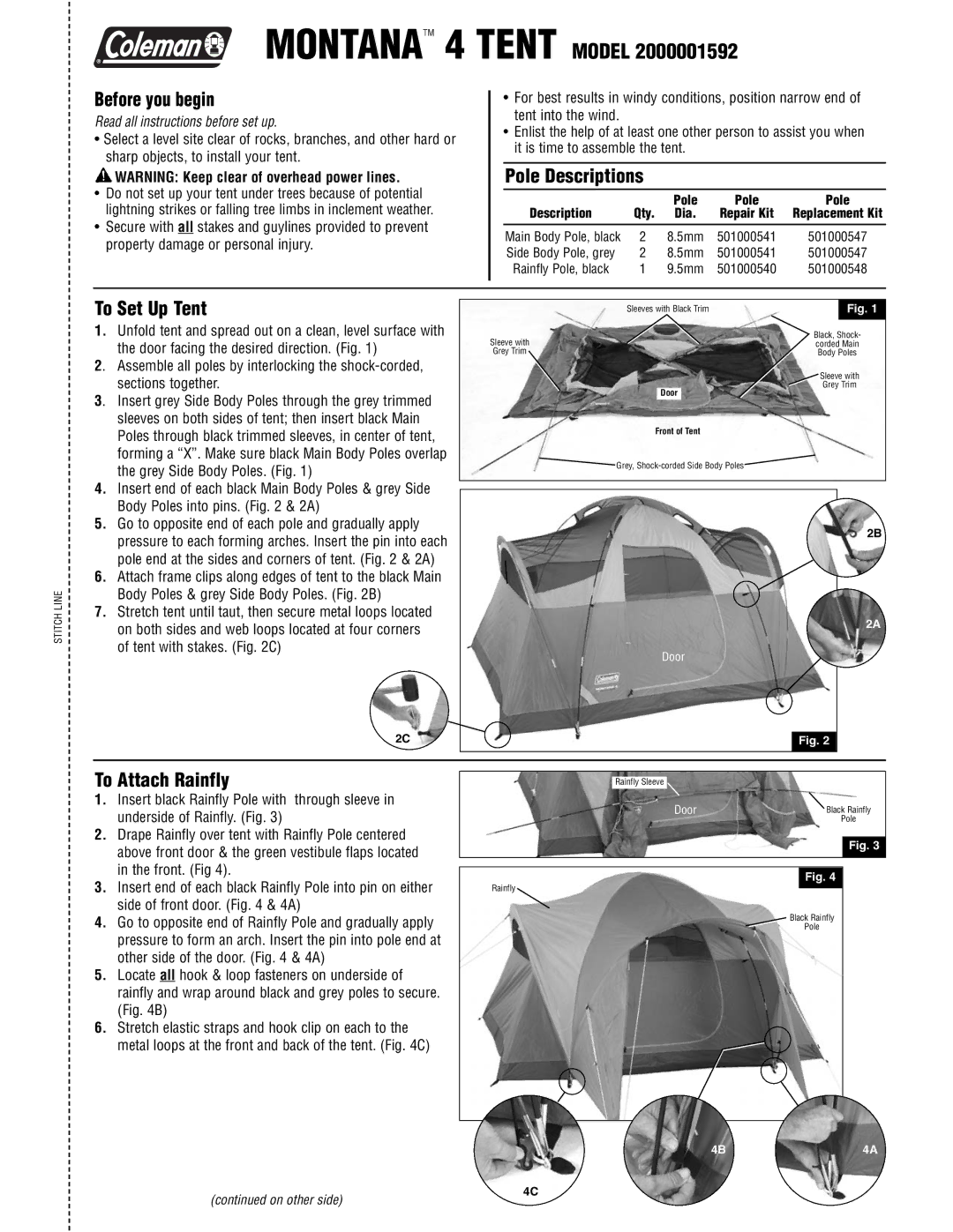 Coleman 2000001592 manual Before you begin, Pole Descriptions, To Set Up Tent, To Attach Rainfly 