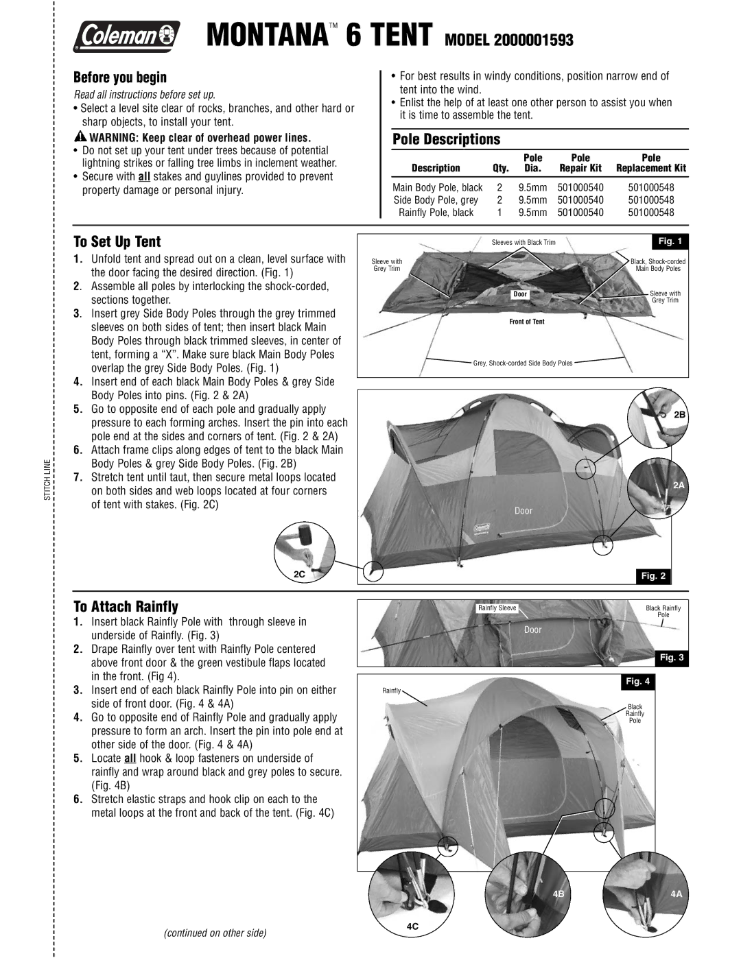 Coleman 2000001593 manual Before you begin, Pole Descriptions, To Set Up Tent, To Attach Rainfly 