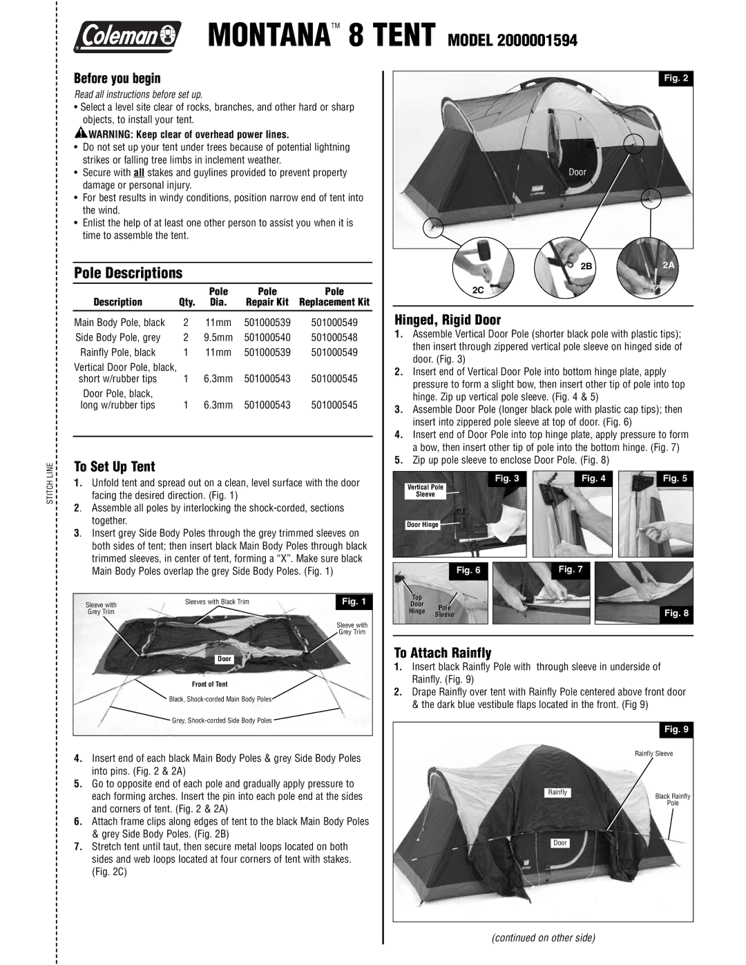 Coleman 2000001594 manual Pole Descriptions, Before you begin, To Set Up Tent, Hinged, Rigid Door, To Attach Rainfly 