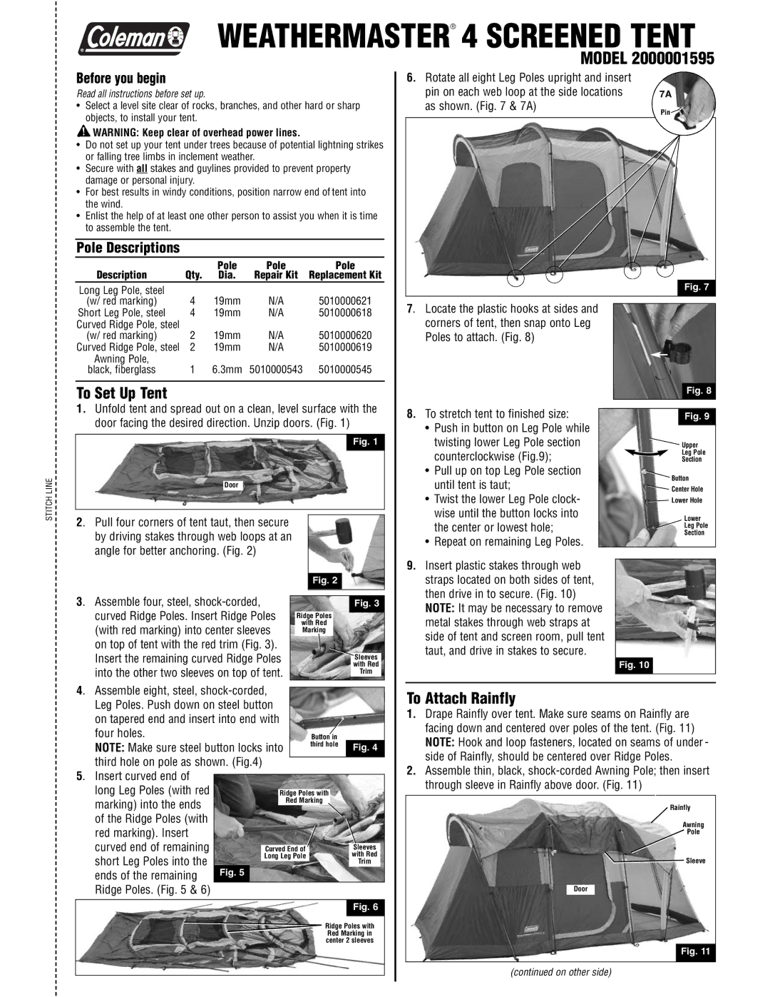 Coleman 2000001595 manual To Set Up Tent, To Attach Rainfly, Before you begin, Pole Descriptions 