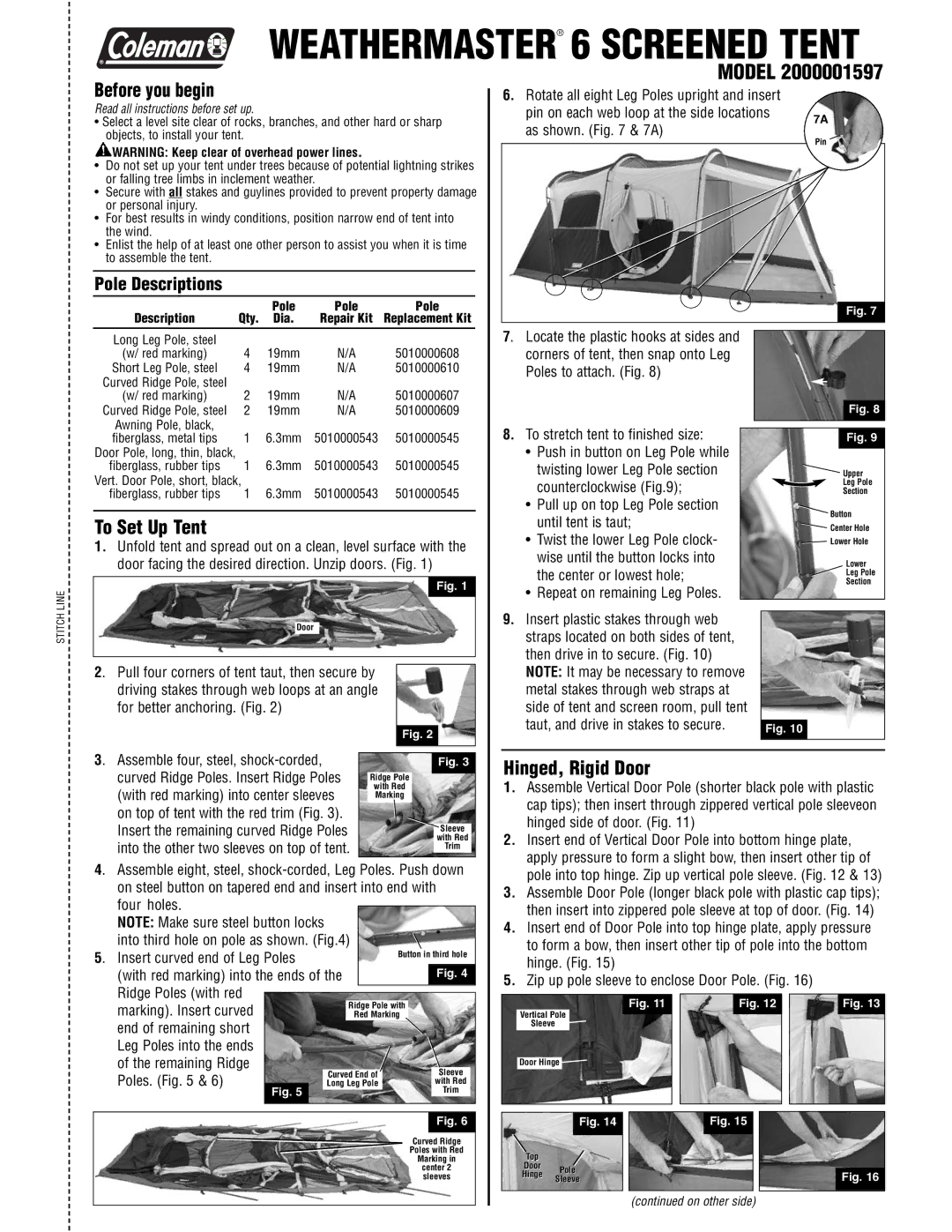 Coleman 2000001597 manual Before you begin, To Set Up Tent, Hinged, Rigid Door 