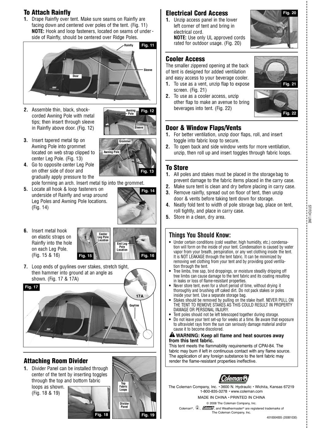 Coleman 2000001597 manual To Attach Rainfly, Cooler Access, Door & Window Flaps/Vents, To Store, Things You Should Know 