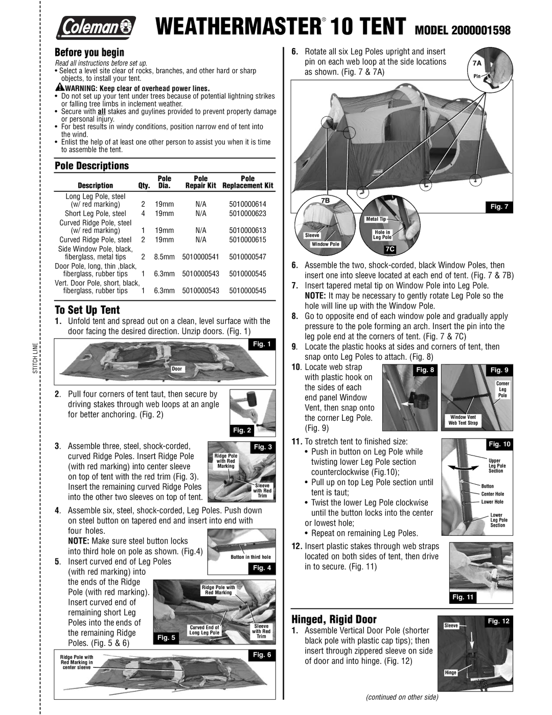 Coleman 2000001598 manual Before you begin, To Set Up Tent, Hinged, Rigid Door 