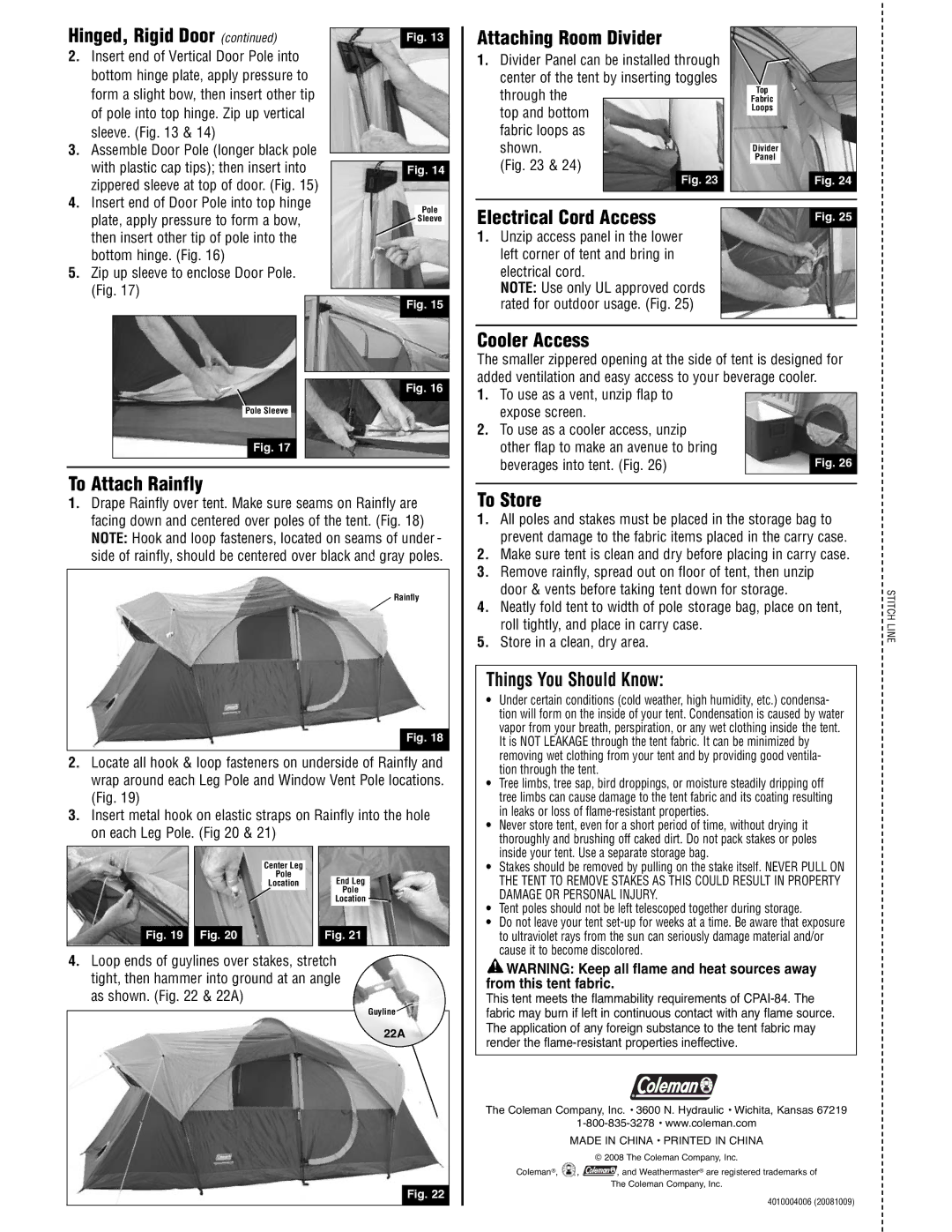 Coleman 2000001598 manual Attaching Room Divider, Cooler Access, To Attach Rainfly, To Store, Things You Should Know 