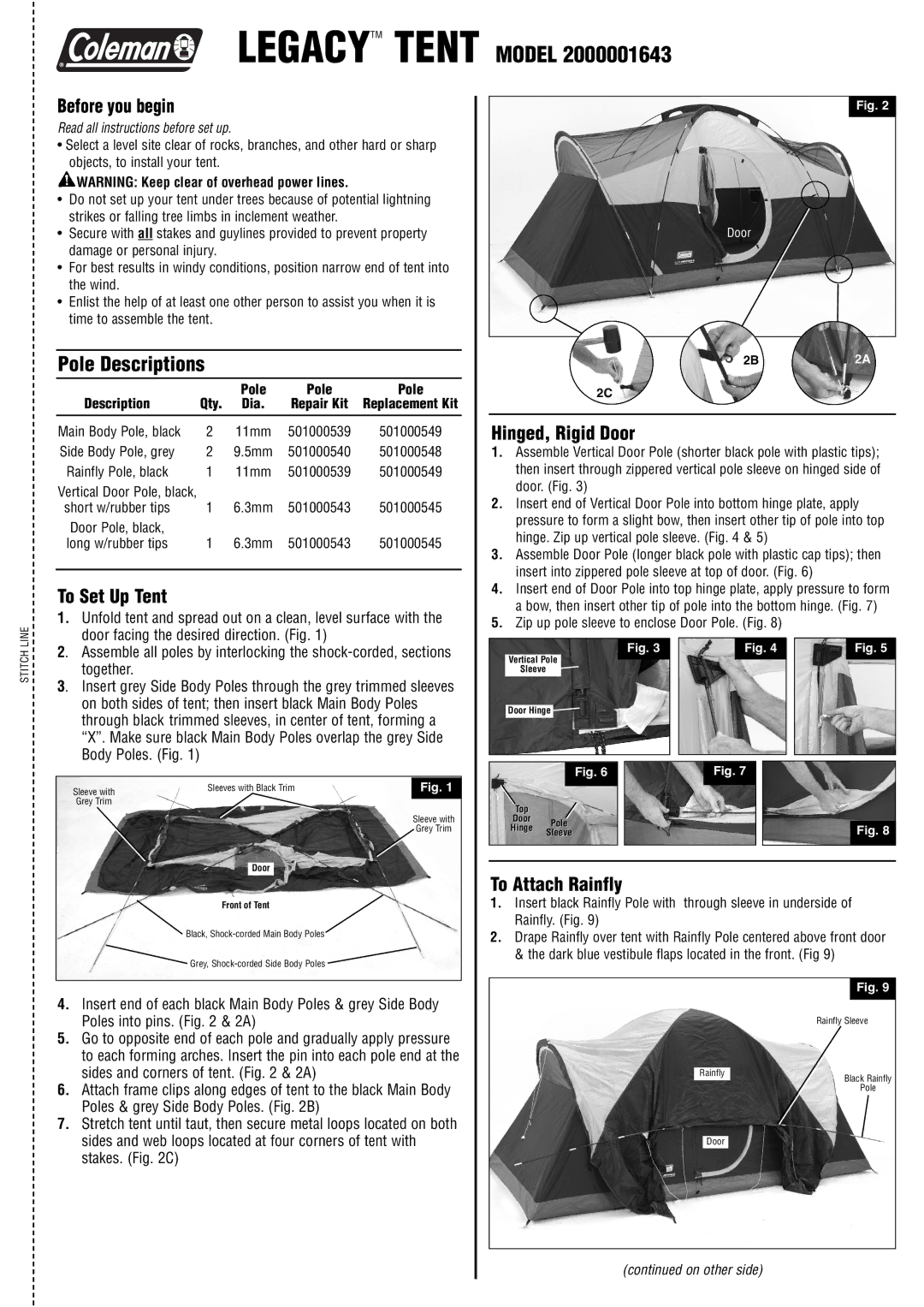 Coleman 2000001643 manual Pole Descriptions, Before you begin, To Set Up Tent, Hinged, Rigid Door, To Attach Rainfly 