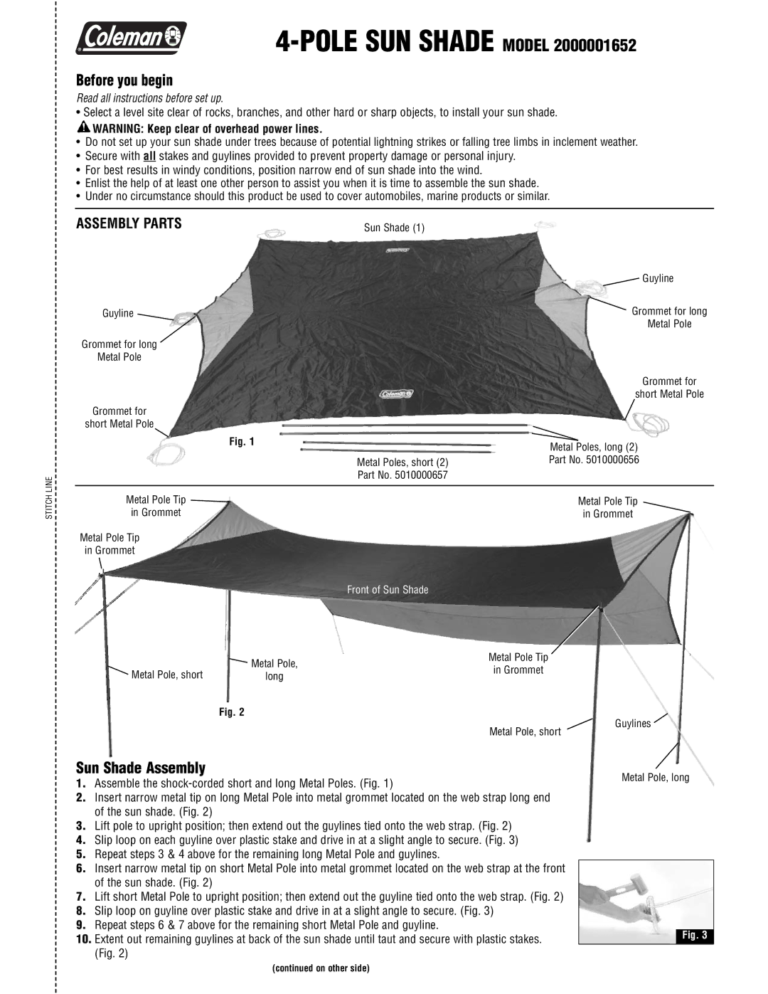 Coleman 2000001652 manual Pole SUN Shade Model, Before you begin, Sun Shade Assembly, Assembly Parts 