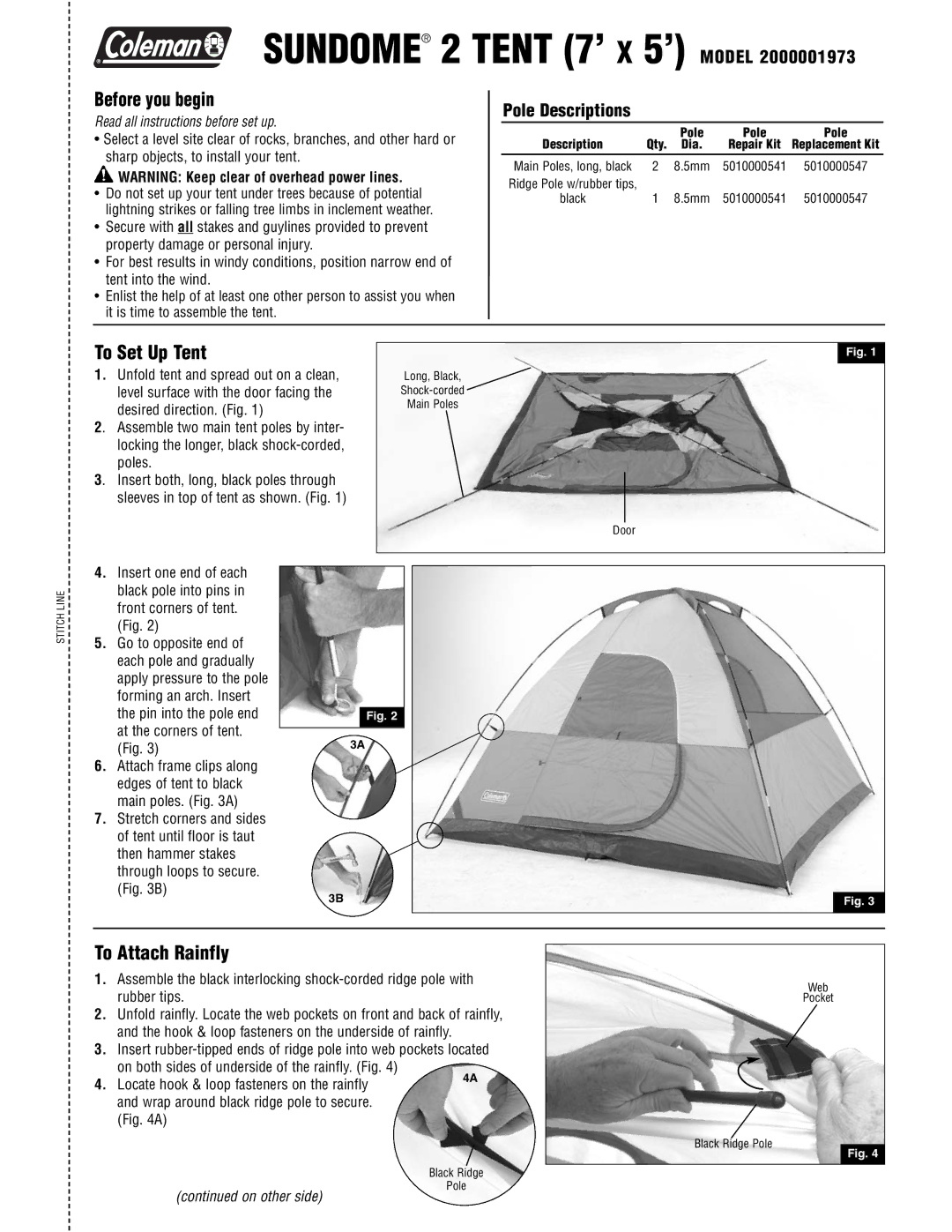 Coleman 2000001973 manual Before you begin, To Set Up Tent, To Attach Rainfly 