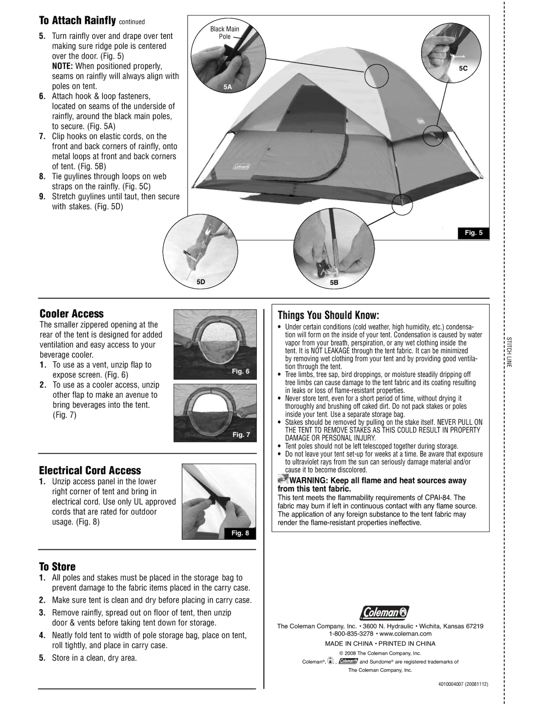 Coleman 2000001973 manual Cooler Access, Electrical Cord Access, To Store, Things You Should Know 