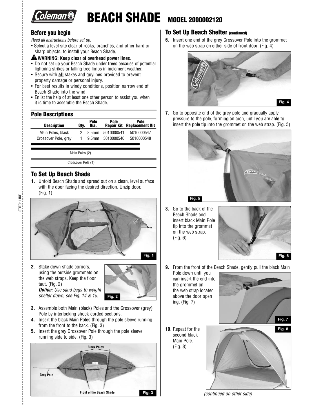 Coleman 2000002120 manual Before you begin, To Set Up Beach Shade, To Set Up Beach Shelter 