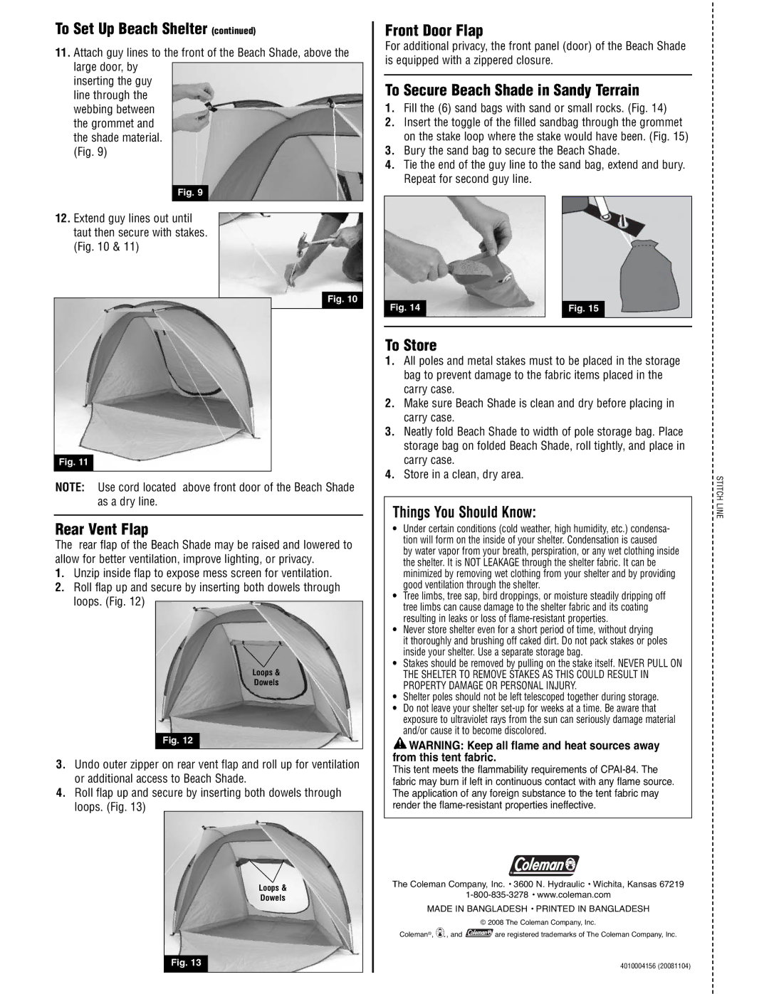 Coleman 2000002120 manual Rear Vent Flap, Front Door Flap, To Secure Beach Shade in Sandy Terrain, To Store 