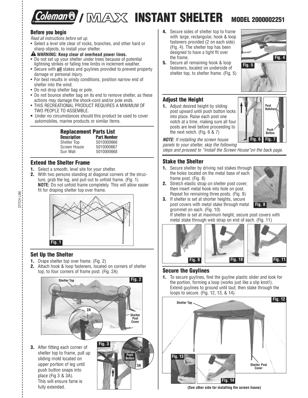 Coleman 2000002251 manual Before you begin, Replacement Parts List, Extend the Shelter Frame, Set Up the Shelter 