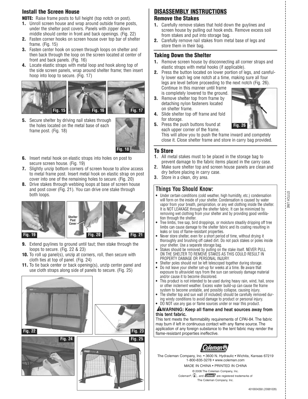 Coleman 2000002251 manual Install the Screen House, Remove the Stakes, Taking Down the Shelter, To Store 