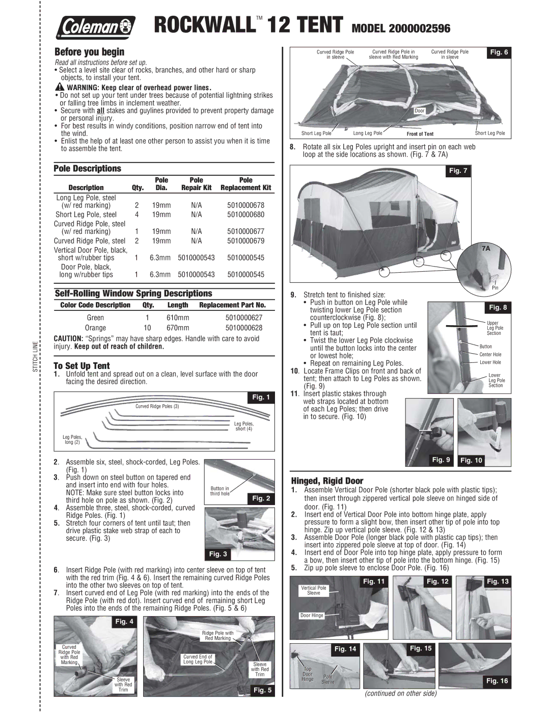 Coleman 2000002596 manual To Set Up Tent, Hinged, Rigid Door 