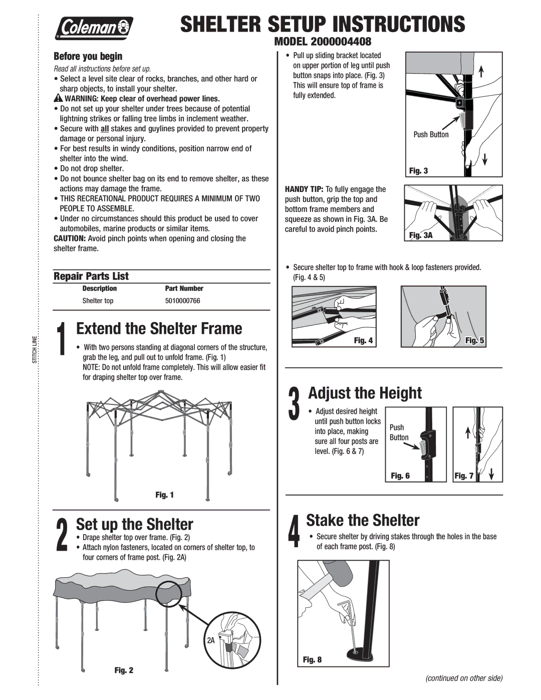 Coleman 2000004408 manual Extend the Shelter Frame, Set up the Shelter, Stake the Shelter, Before you begin 