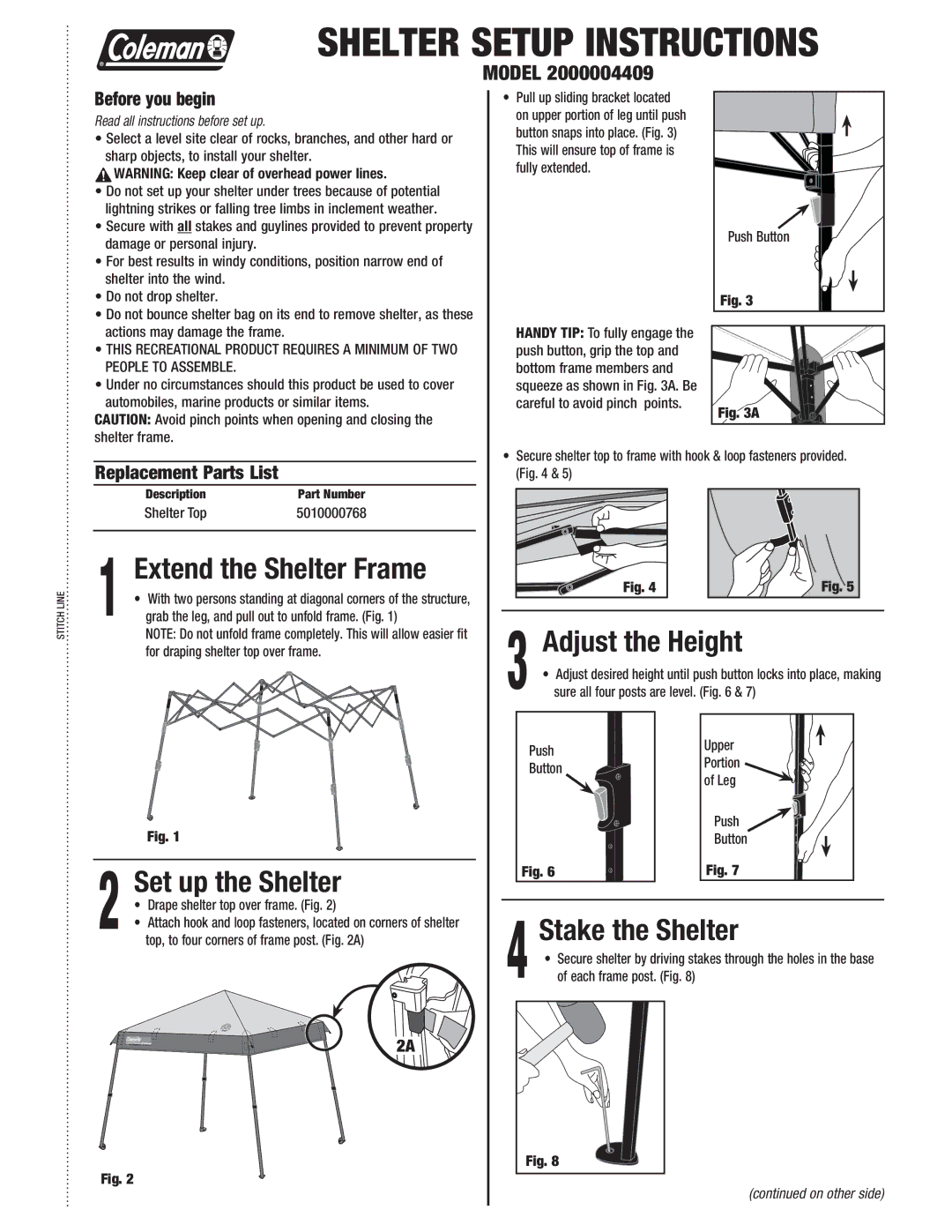 Coleman 2000004409 manual Extend the Shelter Frame, Set up the Shelter, Adjust the Height, Stake the Shelter 