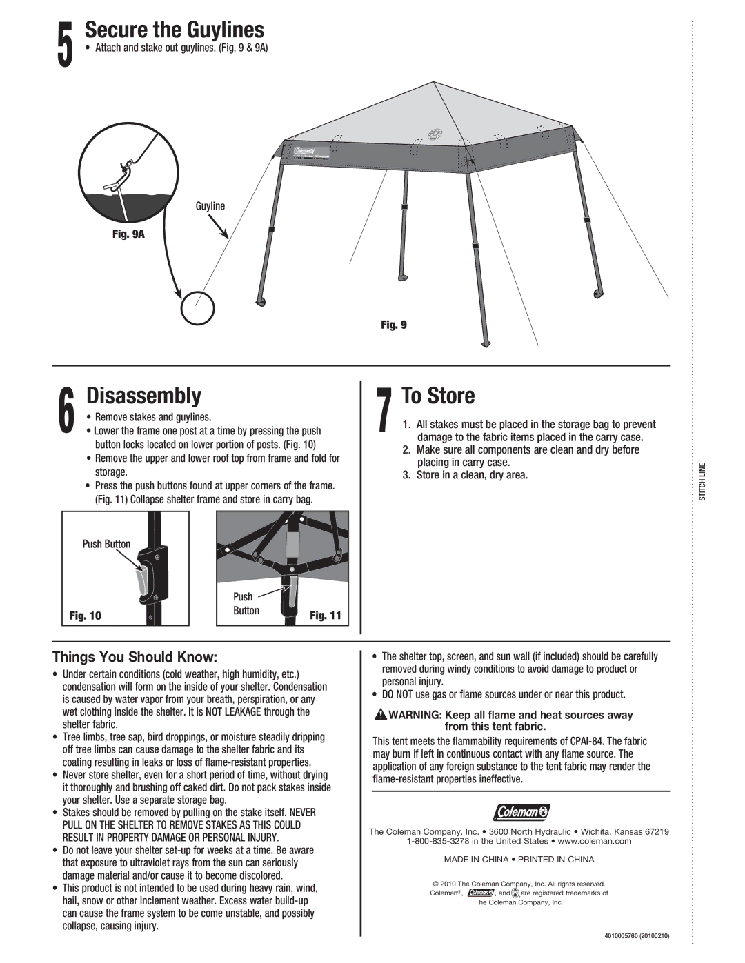 Coleman 2000004409 manual Secure the Guylines, Disassembly To Store 