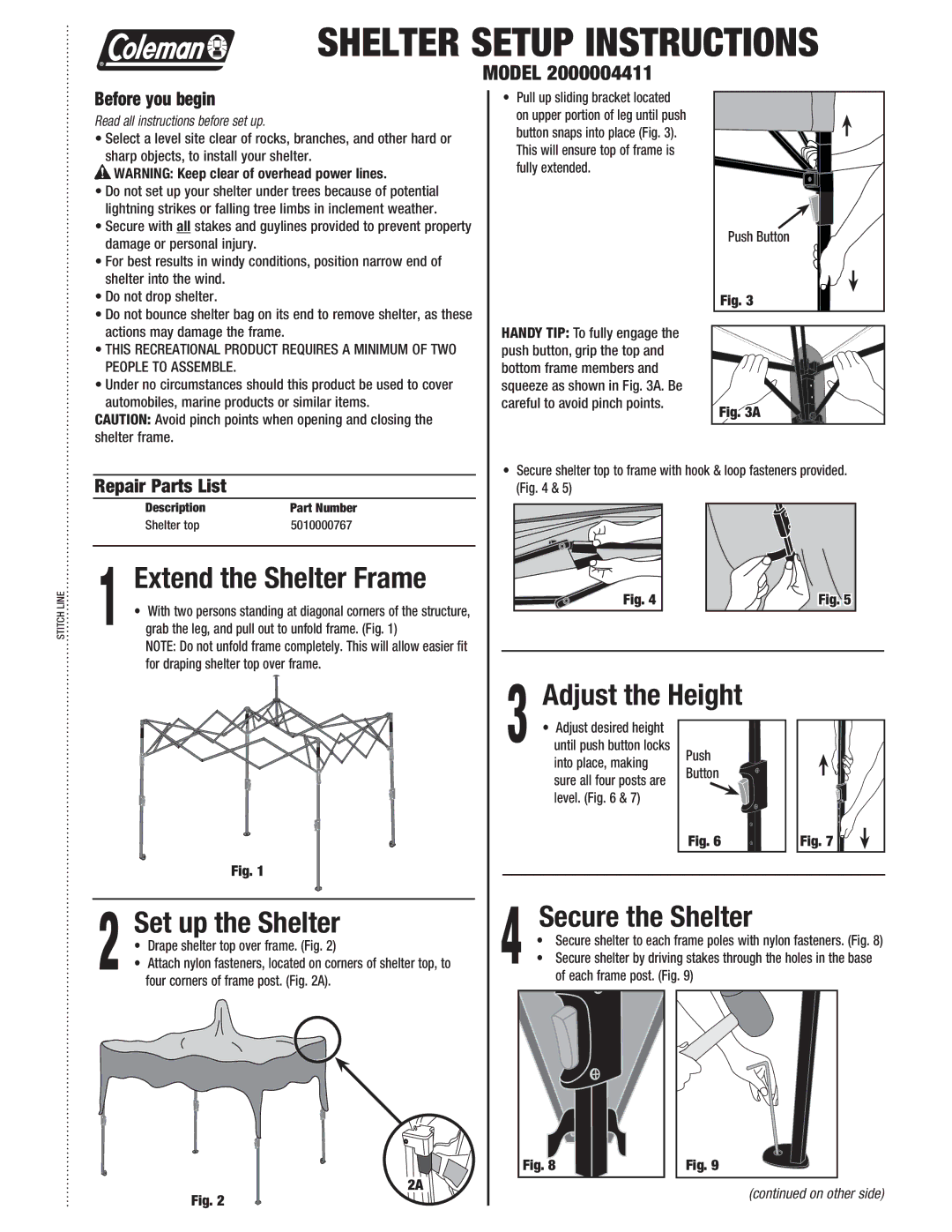 Coleman 2000004411 manual Extend the Shelter Frame, Set up the Shelter, Secure the Shelter, Before you begin 