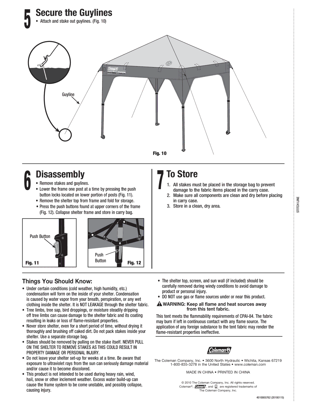 Coleman 2000004411 manual Secure the Guylines, Disassembly, 7To Store, Things You Should Know 