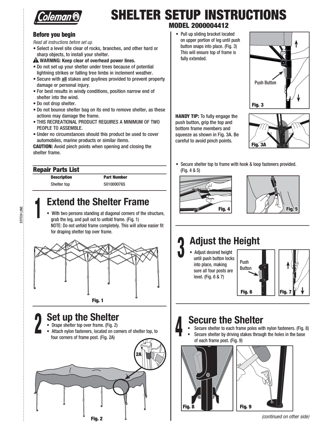 Coleman 2000004412 manual Extend the Shelter Frame, Set up the Shelter, Before you begin, Repair Parts List 